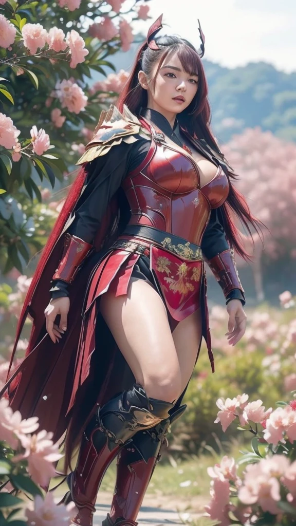 A sexy female character wearing red armor as a warrior from the Warring States period、((Medium long hair))、((Cherry red hair))、((toned body))、(glistening skin)、 tight body、((mega breasts 1.8))、 plump breasts 、 plump thighs 、The red armor engraved with azalea flower pattern is a bikini-type design that emphasizes the exposed breasts、( Wearing a cape with azalea flower pattern)、garter skirt
、White shin guards engraved with azalea flowers、Red high-cut underwear、Red tights、 absolute domain、(())、((acrobatic pose))、Dramatic lighting、A glorious hill with the rising sun、Big Asahi 、((Azalea flowers in full bloom are blooming in the background))、((Large azalea flowers in full bloom are blooming on the front))、 cinema-like scene 、((Background Japanese Satuki azalea)) 、((foreground　Japanese Satuki azalea))、 Max Image、 Ultra High Definition、8k、masterpiece、