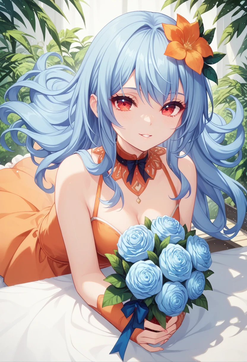 Rocbouquet　blue hair　long hair　red eyes　orange dress　hair flower　バストショット