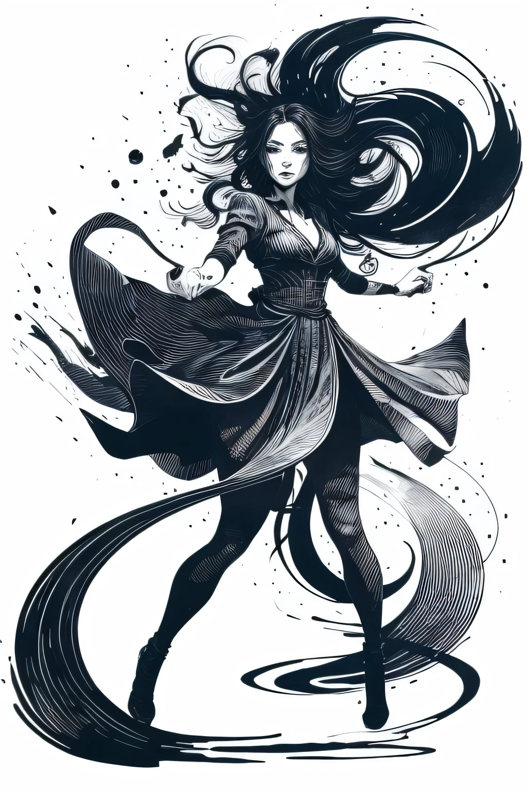 (ink art, ink illustration, ink, rough:1.4), 1girl, solo, (flowing lines),fighting stance, floating, flowing hair, hair flowing into ink, swirling ink, highly detailed white background, monochromatic, ((abstract)) 