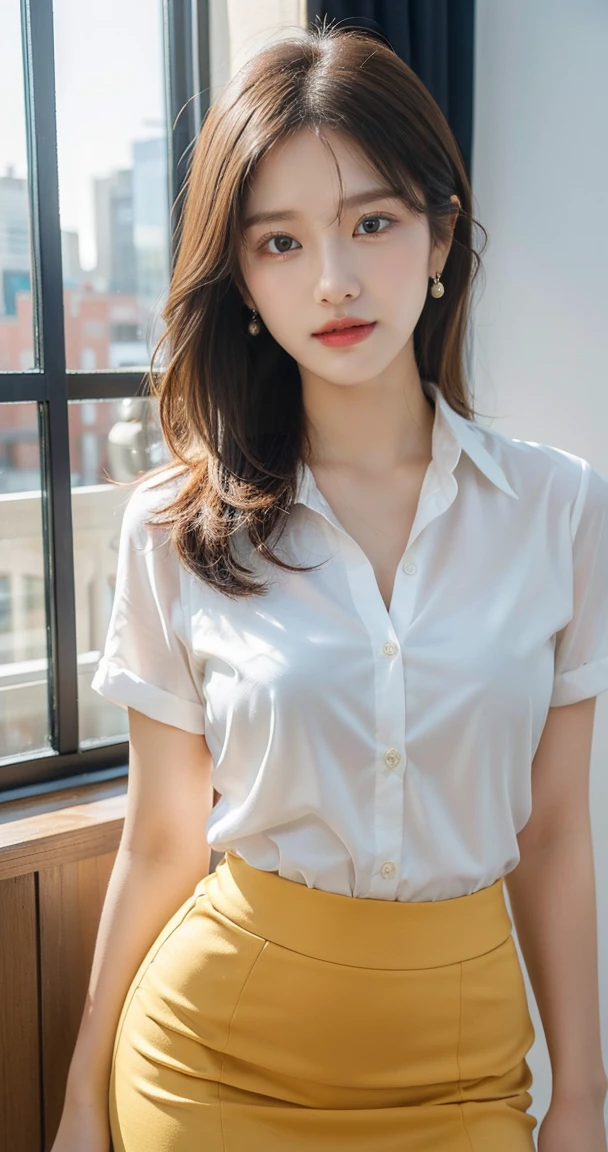 ((best quality)), ((masterpiece)), (detailed), business center background,Female upper body,natural face,professional work clothes,hair tied up,中景 the scene iackground bokeh