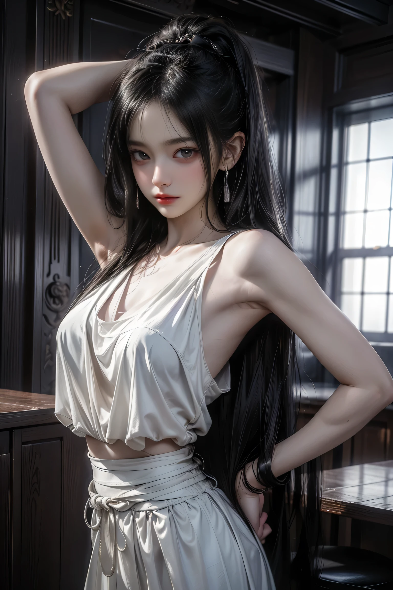 (A hyper-realistic)、(illustratio)、(hight resolution)、(8K)、(ighly detailed)、(Best Illustration)、(beautifully detailed eyes)、(top-quality)、(ultra-detailliert)、(masterpiece)、(wall-paper)、(A detailed face)、独奏、1 girl in、looking at viewert、fine detailed、A detailed face、in the darkness nigth、deep-shadows、lowkey、pureerosfaceace_v1、A smile、long、Black shawl straight hair、46-point diagonal bangs, ((White lace dress、a miniskirt))(off shoulders)((Beautiful woman standing on the balcony of the castle))(((Skirt lifted by hand, No panties))),Tration: 1.1), (Best Shadow: 1.1), tongue、Vaginal orchids、Runny Vaginal Discharge、Blowing tide、Very beautiful breasts、 (Slim legs)、(posterior view))(stick out buttocks、)