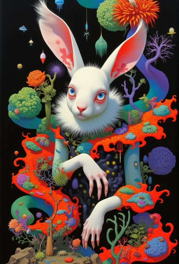 Acid Rabbit ，With white、 red、 blue、Green、 orange and palette，Flowing magma