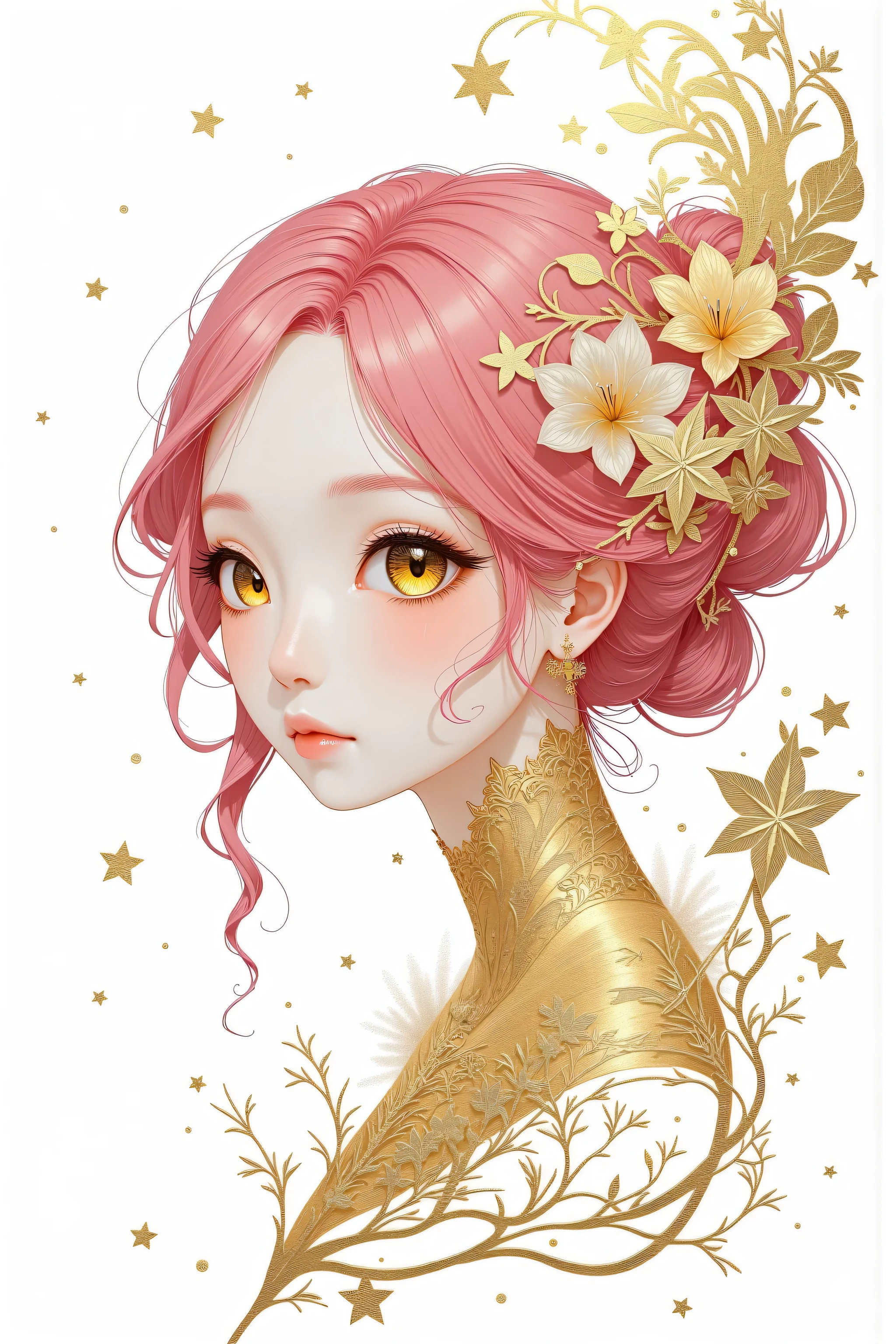 (White background:1.4),(Girl&#39;s head silhouette, detailed gold eyes, Long colored hair, Oriental elements)，(Chinese illustration:1.3，Paper Art:1.3, キルティングPaper Art:1.2),( Streamlined Design, Clear lines, High sharpness,Better Quality, Very detailed, Master Parts, Film Light Effect, 4K ) Illustration design, porcelain doll skin, beautiful detailed eyes, beautiful detailed lips, extremely detailed gold eyes and face, long eyelashes, upper body, from side, looking at viewer, (fractal art:1.3), (pink hair:1.2), water, liquid, cloud, colorful, starry, stars, (best quality, 4k, 8k, highres, masterpiece:1.2), ultra-detailed, (realistic, photorealistic, photo-realistic:1.37), vibrant colors, studio lighting, extremely detailed description, professional, concept art, surreal, 1920s french vibe, monochromatic gold and pink palette, in the style of french illustrator moebius, gold elements,