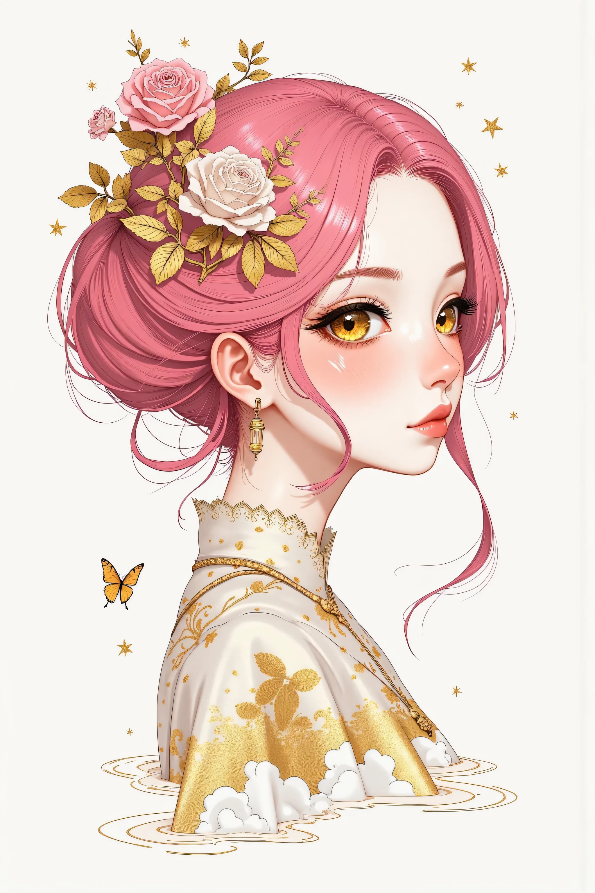 (White background:1.4),(Girl&#39;s head silhouette, detailed gold eyes, Long colored hair, Oriental elements)，(Chinese illustration:1.3，Paper Art:1.3, キルティングPaper Art:1.2),( Streamlined Design, Clear lines, High sharpness,Better Quality, Very detailed, Master Parts, Film Light Effect, 4K ) Illustration design, porcelain doll skin, beautiful detailed eyes, beautiful detailed lips, extremely detailed gold eyes and face, long eyelashes, upper body, from side, looking at viewer, (fractal art:1.3), (pink hair:1.2), water, liquid, cloud, colorful, starry, stars, (best quality, 4k, 8k, highres, masterpiece:1.2), ultra-detailed, (realistic, photorealistic, photo-realistic:1.37), vibrant colors, studio lighting, extremely detailed description, professional, concept art, surreal, 1920s french vibe, monochromatic gold and pink palette, in the style of french illustrator moebius, gold elements,