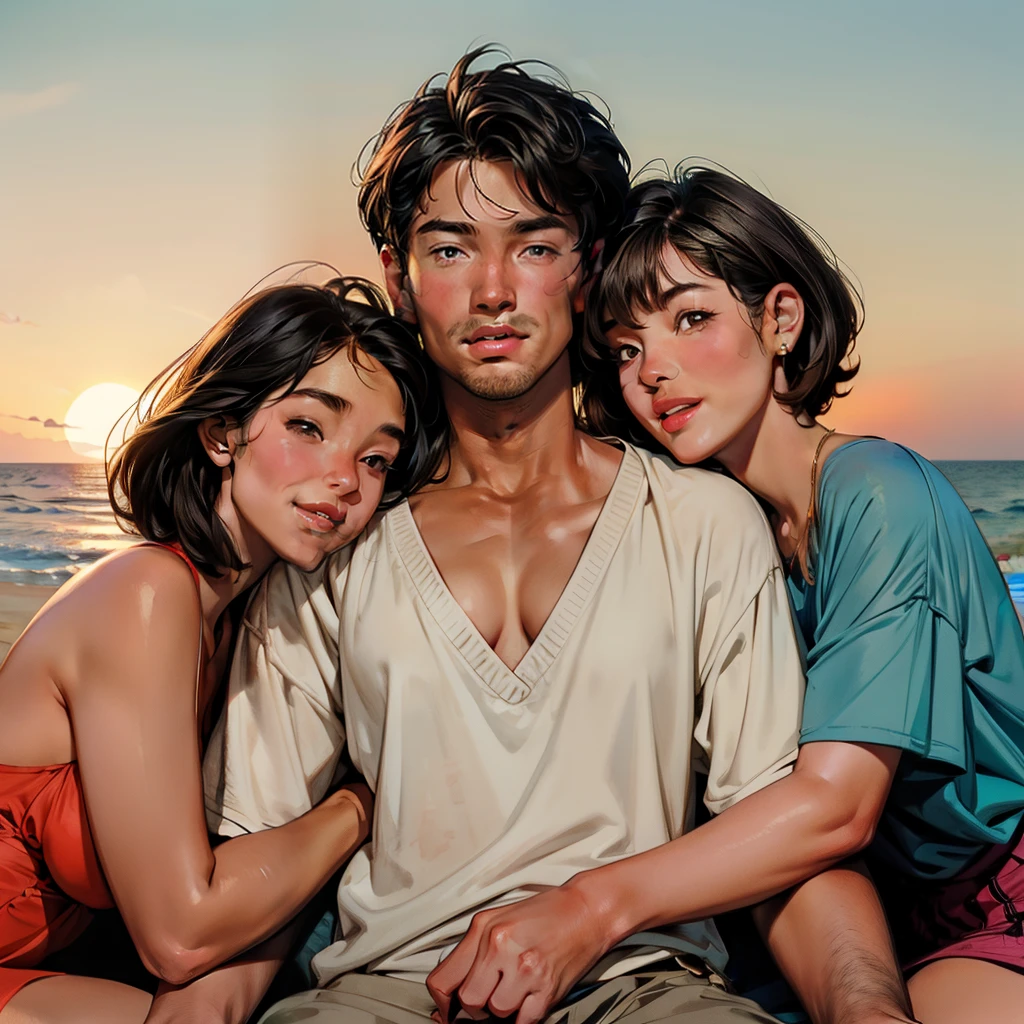 One Handsome (((short-haired-Chad))) hugging three beautiful bitches tackling him and touching him and snuggling him and gripping him and massaging him,  dressed for the beach, perfect bodies, so many women: long flowing hair, flowers in hair, seductive, materials, golden hour, , jewelry, golden hour, photorealistic, masterpiece, in love, grins, perfect faces, Flirtatious, setting: a beach, harem, watercolor, on blanket, laughing and drinking, everybody is JOYFULLY looking at somebody else