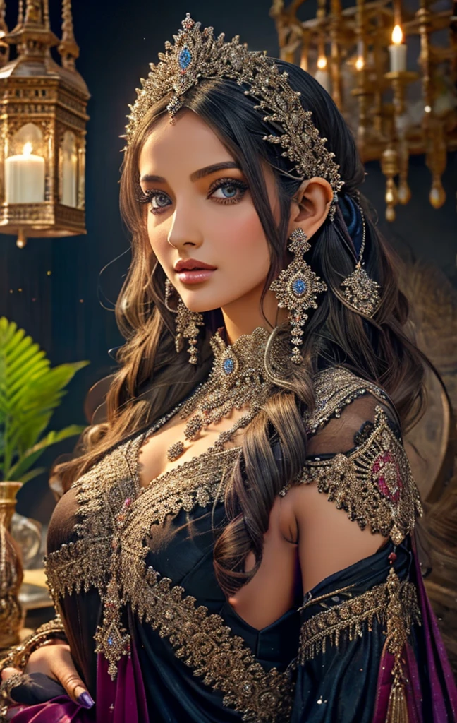 beautiful detailed eyes, beautiful detailed lips, extremely detailed eyes and face, long eyelashes, 1girl, 18 years old, tight black clothes, voluptuous breasts, golden bangles, bracelets, necklaces, swiss golden watch, in classroom, shy expression, (best quality,4k,8k,highres,masterpiece:1.2),ultra-detailed,(realistic,photorealistic,photo-realistic:1.37),portraiture,fantasy,warm color tones,dramatic lighting