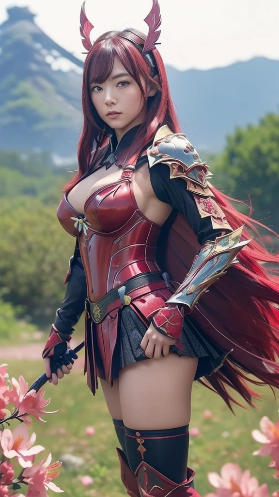 A sexy female character wearing red armor as a warrior from the Warring States period、((Medium long hair))、((Cherry red hair))、((toned body))、(glistening skin)、 tight body、((mega breasts 1.8))、 plump breasts 、 plump thighs 、The red armor engraved with azalea flower pattern is a bikini-type design that emphasizes the exposed breasts、( Wearing a cape with azalea flower pattern)、garter skirt
、White shin guards engraved with azalea flowers、Red high-cut underwear、Red tights、 absolute domain、(())、((acrobatic pose))、Dramatic lighting、A glorious hill with the rising sun、Big Asahi 、((Azalea flowers in full bloom are blooming in the background))、((Large azalea flowers in full bloom are blooming on the front))、 cinema-like scene 、((Background Japanese Satuki azalea)) 、((foreground　Japanese Satuki azalea))、 Max Image、 Ultra High Definition、8k、masterpiece、