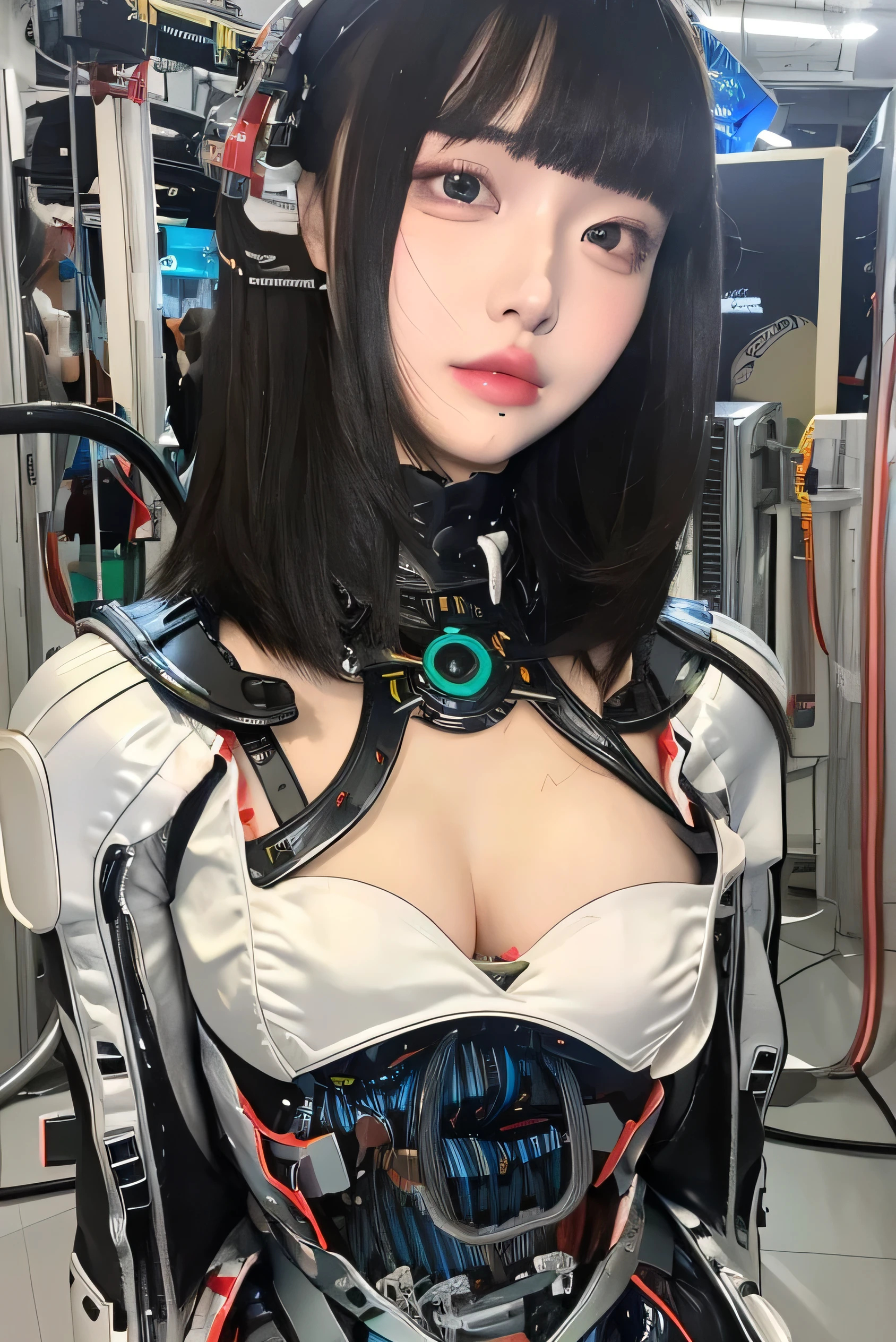 masterpiece, best quality, extremely detailed,front view,japaese android girl,control panels,android,Droid,Mechanical Hand,Robot arms and legs,peplum tops,blouse,Blunt bangs,long tube,thick cable connected her neck