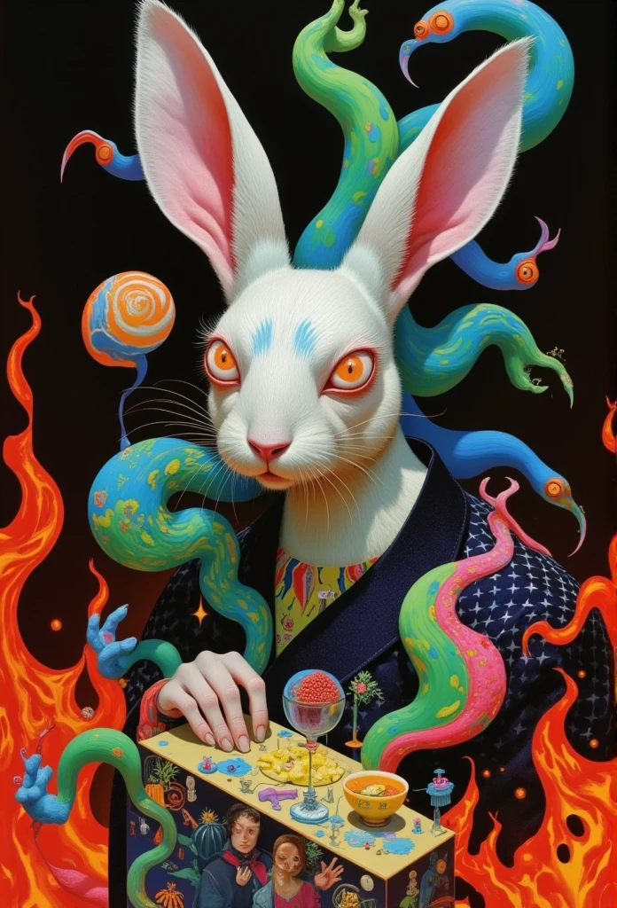 Acid Rabbit ，With white、 red、 blue、Green、 orange and palette，Flowing magma，3d