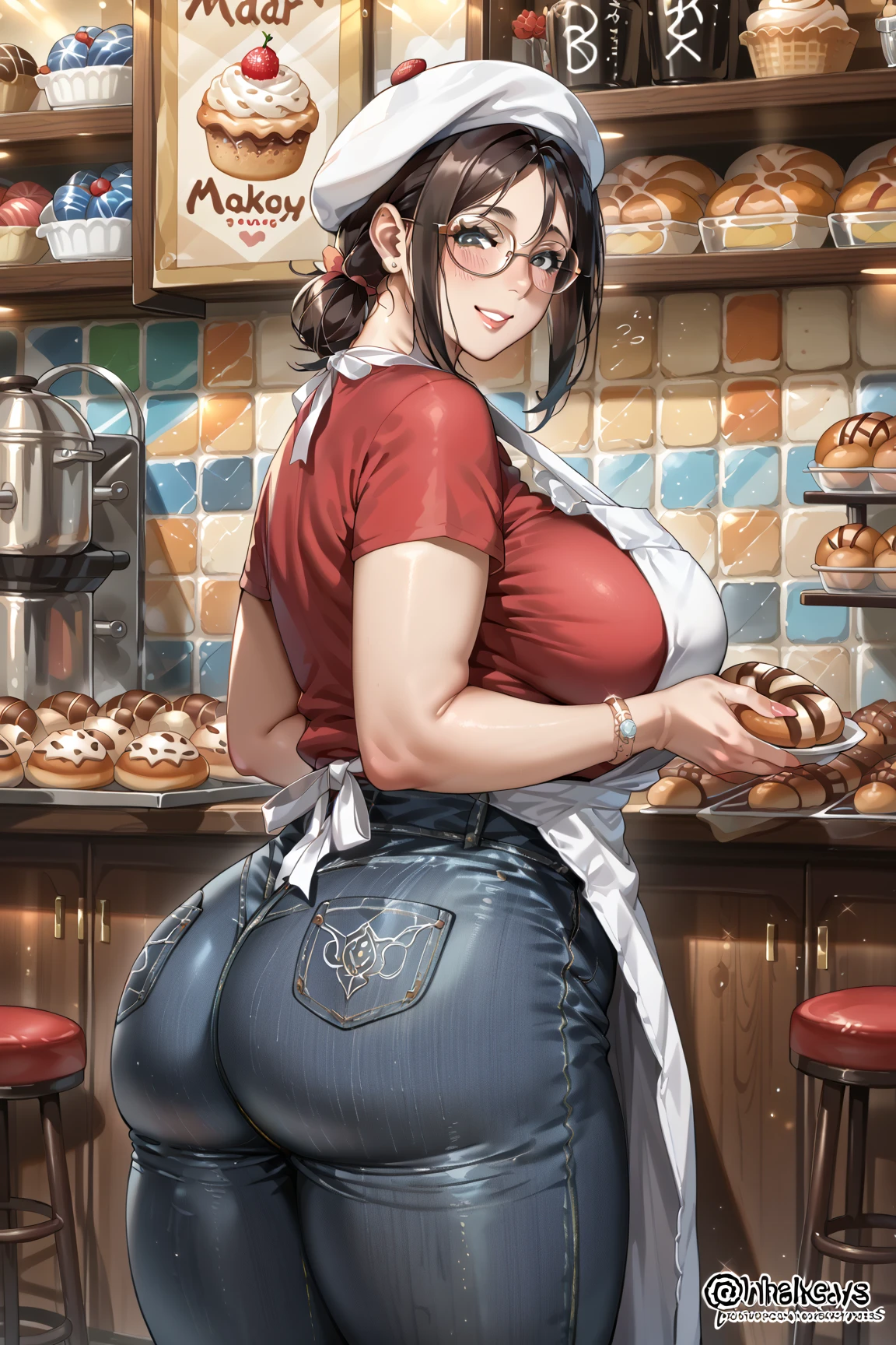  score_9,  score_8_up,  score_7_up, Anatomically Correct 、Accurate human body solo , mature woman 、40s、Bakery clerk、 ridiculously big breasts、 very big butt、 plump 、 chubby、Smile、Glasses、 shirt 、jeans、 white apron、White Beret、 composition from the front、True Face、Inside the bakery、thickass、mature female, milf, motherly
