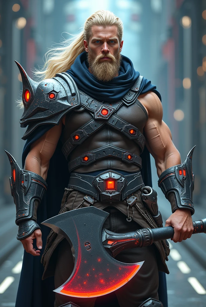 envision a 8k, highres, cinematic full body concept art design of a strong face fierce warrior posing for battle with a muscular body, big beard with sleek long flowing blonde hair, and blue eyes shirtless wearing and a skull crown face mask effects against a dark gray background