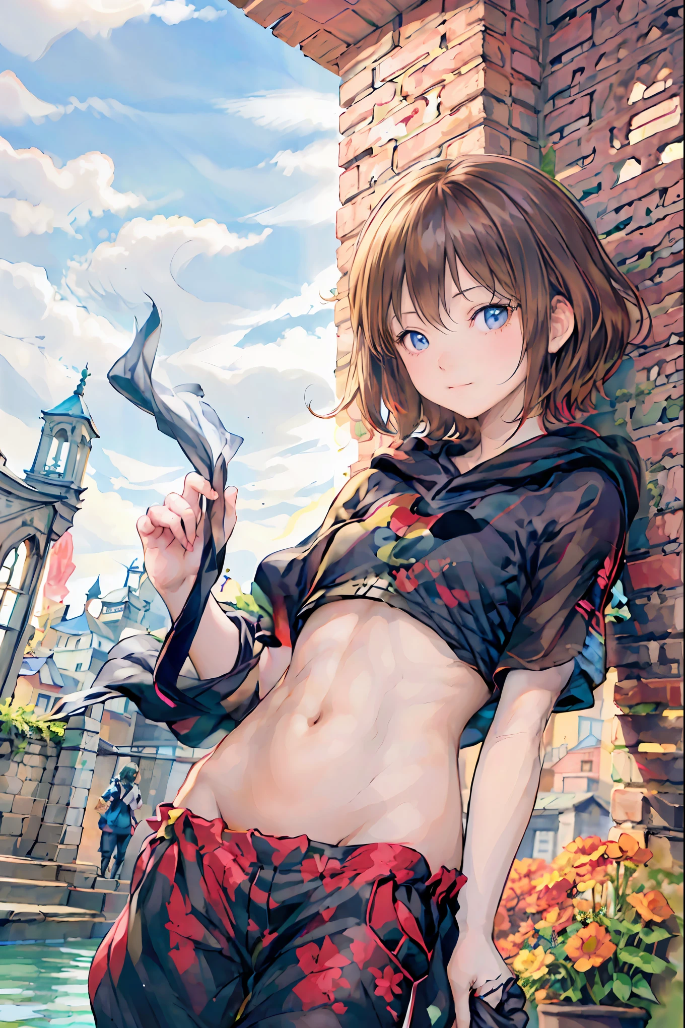 (( Masterpiece )), (black clothes), (( top quality)), ( Photos from the past 100 years :1.2), ( high definition :1.3), ( Let's take professional photos of each blooming location :1.2), ( Color Difference), mischievous girl , (()), (Serious), audience , Plain Shirt, Bedhead, Curly hair, ( SMALL WAIST PANTS ), ((Take off your work pants)), , ( small breasts), Cute waist, outdoors , ((Top of the big bell tower)),International Travel,Brown suitcase, The sun is shining on a bright summer day , Girl looking down from the top of the hill , the wind is blowing ,Tower of Pisa,tourist spot, ANCIENT CITY ,sunlight ,Highlands,holy place,Multiple Churches, brown hair , shortcut , hair is unkempt , short braided hair ,Neat, slender beauty、Positive Attitude, small breasts, Beautiful Legs with Tails , Her charming gray-blue eyes shine like stars , bright color, beautiful eyes ,A delicate smile, Her enchanting gray-blue eyes shine like stars , top quality, Gentle beautiful woman , anime style、(( from below:1.2)),