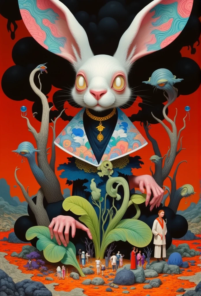 Acid Rabbit ，With white、 red、 blue、Green、 orange and palette，Tentacles ，Flowing magma，3d，