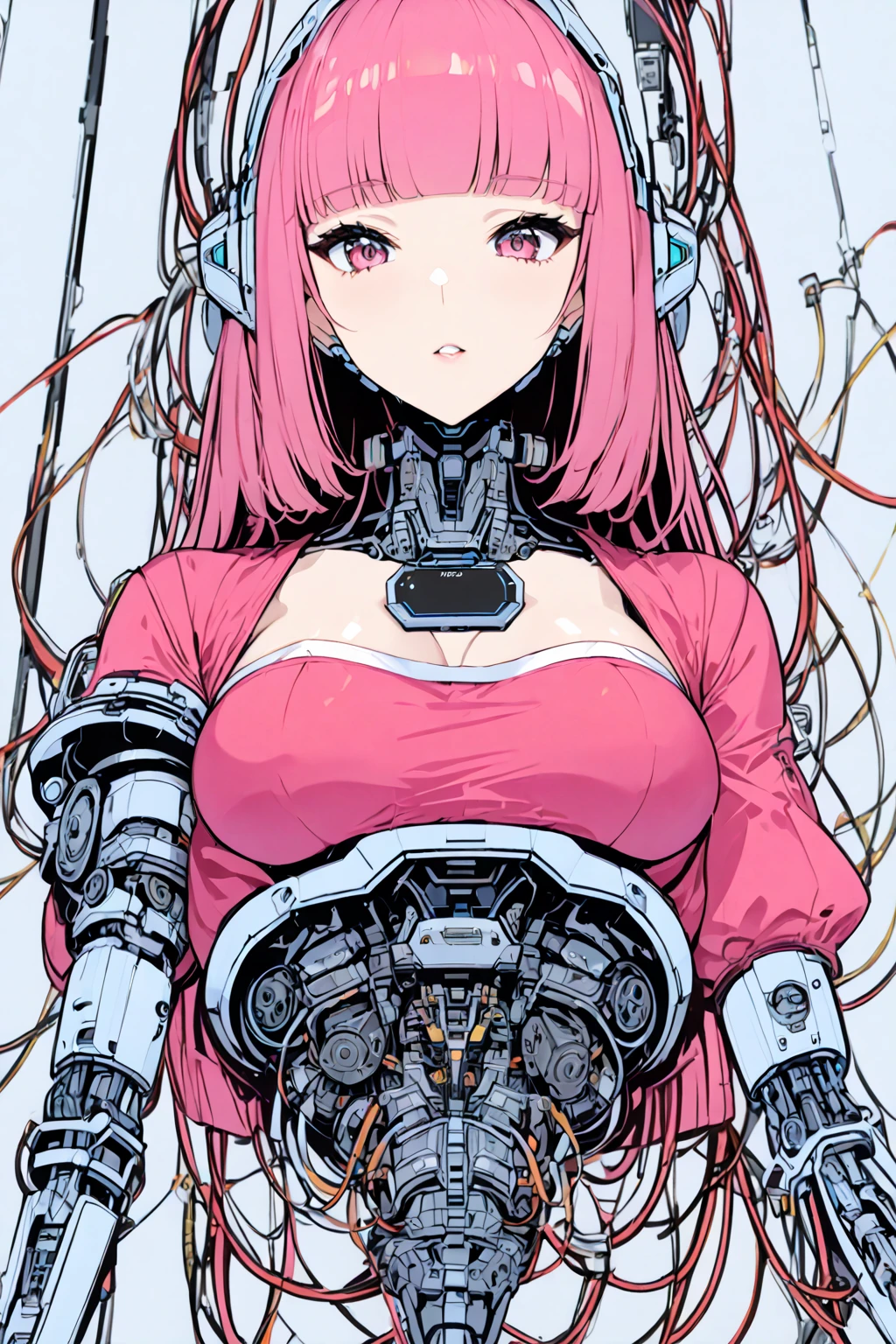 masterpiece, best quality, extremely detailed,front view,japaese android girl,control panels,android,Droid,Mechanical Hand,Robot arms and legs,peplum tops,blouse,Blunt bangs,long tube,thick cable connected her neck