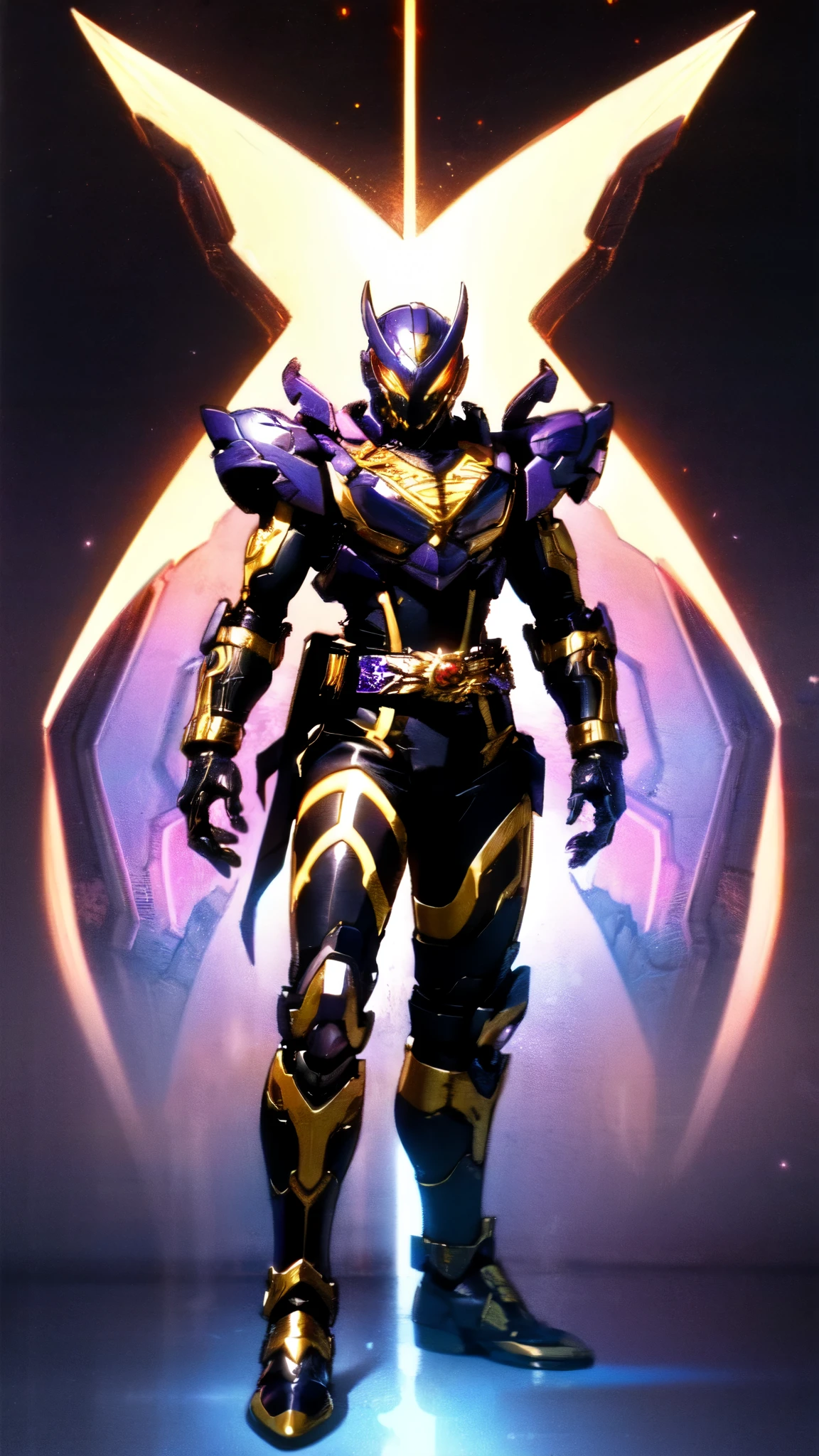 (masterpiece:1.5, best quality:1.5, extremely delicate:1.5), ((male:1.5)), a man wearing a full-face helmet, high-tech biomimetic armored combat suit, (a composite layered chest armor), the design balances heavy with agility, fully enclosed shoulder guards, matching arm and leg guards, a belt of gemstone, (the color scheme is primarily Yellow with Red and Purple accents, Organic Biotech, Concept Inspired by Vampire, glowing eyes, armor glows, huge cloak like devil wings, blood), stand of a futuristic sci-fi city, this character embodies a finely crafted fantasy-style armored hero in anime style, exquisite and mature art style, metallic, high definition, highres, ultra-detailed, ultra-fine painting, professional, perfect body proportions, golden ratio, anatomically correct, symmetrical face, extremely detailed eyes and face, high quality eyes, creativity, RAW photo, UHD, 32k, Natural light, cinematic lighting, (masterpiece-anatomy-perfect:1.2)