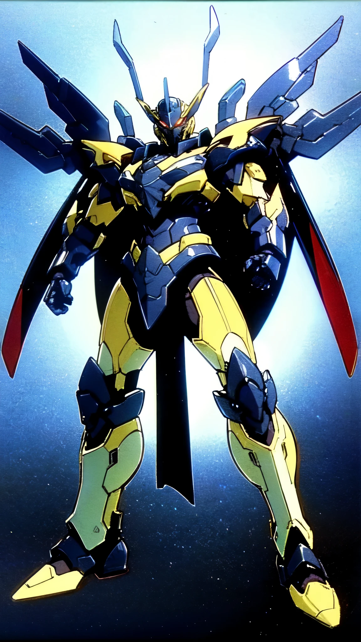 (masterpiece:1.5, best quality:1.5, extremely delicate:1.5), ((male:1.5)), a man wearing a full-face helmet, high-tech biomimetic armored combat suit, (a composite layered chest armor), heavy mechanical design, fully enclosed shoulder guards, matching arm and leg guards, a belt of gemstone, (the color scheme is primarily Yellow with Red and Purple accents, Organic Biotech, Concept Inspired by Super robot, glowing eyes, armor glows, devil wings), stand of a futuristic sci-fi city, this character embodies a finely crafted fantasy-style armored hero in anime style, exquisite and mature art style, metallic, high definition, highres, ultra-detailed, ultra-fine painting, professional, perfect body proportions, golden ratio, anatomically correct, symmetrical face, extremely detailed eyes and face, high quality eyes, creativity, RAW photo, UHD, 32k, Natural light, cinematic lighting, (masterpiece-anatomy-perfect:1.2)