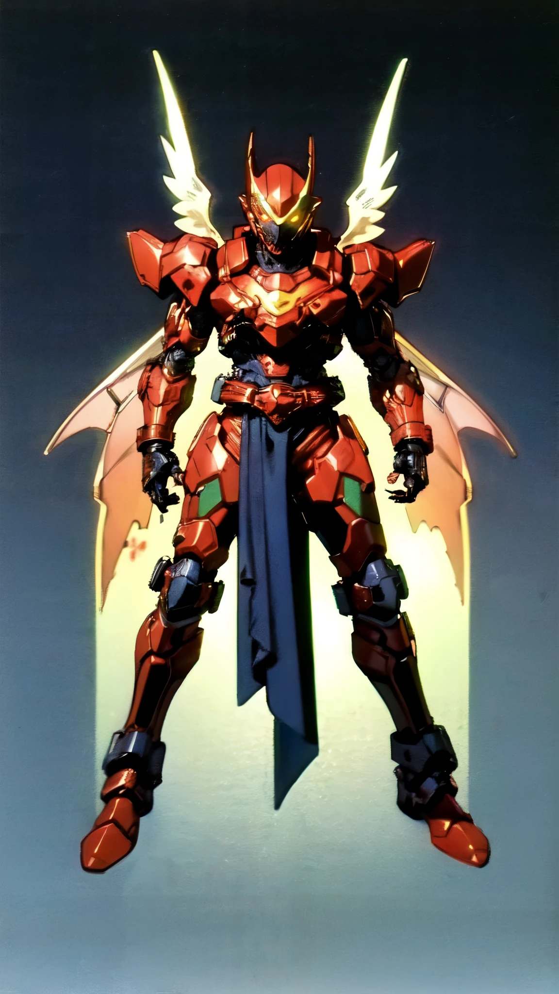 (masterpiece:1.5, best quality:1.5, extremely delicate:1.5), ((male:1.5)), a man wearing a full-face helmet, high-tech biomimetic armored combat suit, (a composite layered chest armor), heavy mechanical design, fully enclosed shoulder guards, matching arm and leg guards, a belt of gemstone, (the color scheme is primarily Yellow with Red and Purple accents, Organic Biotech, Concept Inspired by Super robot, glowing eyes, armor glows, devil wings), stand of a futuristic sci-fi city, this character embodies a finely crafted fantasy-style armored hero in anime style, exquisite and mature art style, metallic, high definition, highres, ultra-detailed, ultra-fine painting, professional, perfect body proportions, golden ratio, anatomically correct, symmetrical face, extremely detailed eyes and face, high quality eyes, creativity, RAW photo, UHD, 32k, Natural light, cinematic lighting, (masterpiece-anatomy-perfect:1.2)