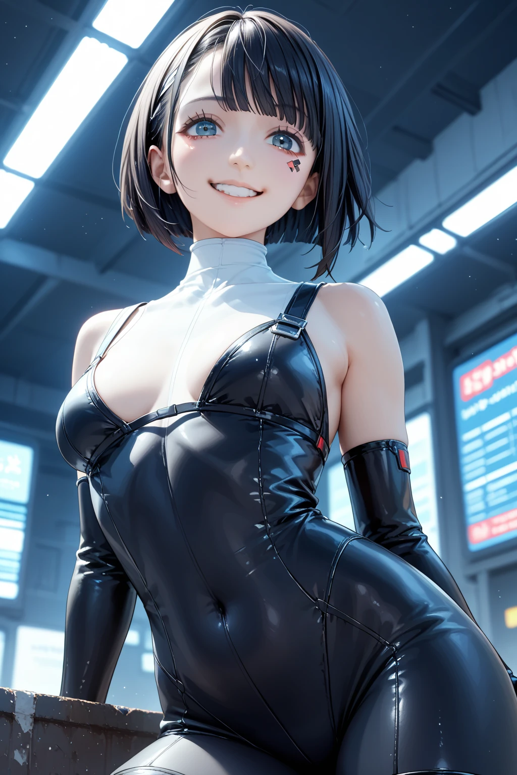 quality\(masterpiece, best quality,8K,非常に精細なCGユニットのwallpaper,High resolution,top-quality,top-quality real texture skin,Surreal,Increase the resolution,RAW Photos,最高quality,Very detailed,wallpaper\), break ,One girl\(Devil Girl,cute,Black Hair,(Blue Skin),Black bunny suit,pantyhose,Red Eye,Big eyes,Eyes Shining,Drinking blood,smile,Sharp teeth,Open your mouth,Blue Horn\), break ,background(outside,night,neon,Backstreets)
