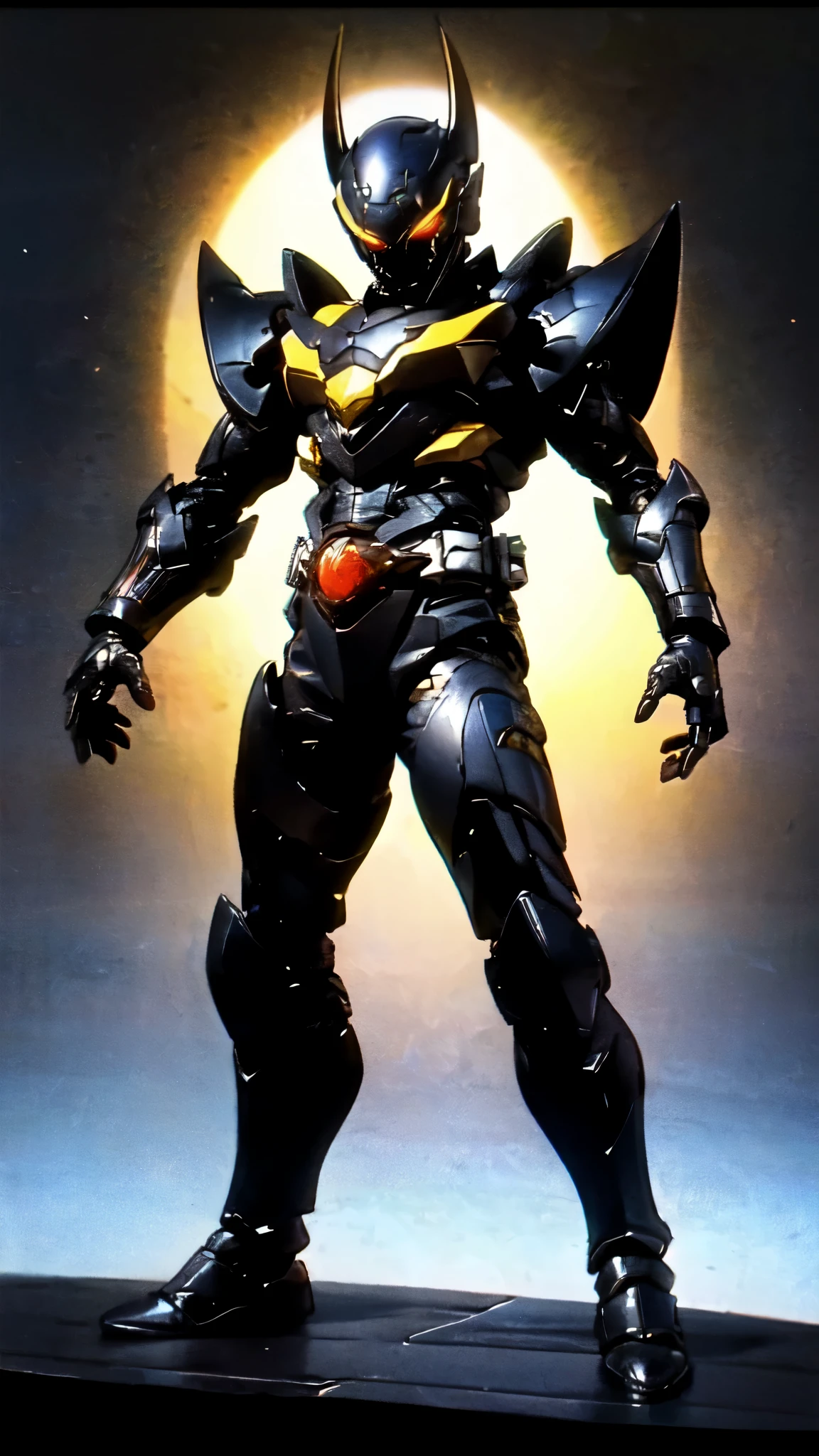 (masterpiece:1.5, best quality:1.5, extremely delicate:1.5), ((male:1.5)), a man wearing a full-face helmet, high-tech biomimetic armored combat suit, (a composite layered chest armor), heavy mechanical design, fully enclosed shoulder guards, matching arm and leg guards, a belt of gemstone, (the color scheme is primarily Yellow with Red and Purple accents, Organic Biotech, Concept Inspired by Super robot, glowing eyes, armor glows, devil wings), stand of a futuristic sci-fi city, this character embodies a finely crafted fantasy-style armored hero in anime style, exquisite and mature art style, metallic, high definition, highres, ultra-detailed, ultra-fine painting, professional, perfect body proportions, golden ratio, anatomically correct, symmetrical face, extremely detailed eyes and face, high quality eyes, creativity, RAW photo, UHD, 32k, Natural light, cinematic lighting, (masterpiece-anatomy-perfect:1.2)