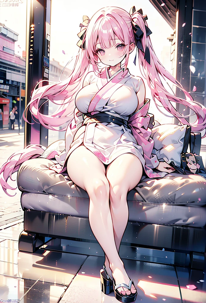   pink kimono　pink hair side hair long　 high heels　student bag
Shoulder bag　 plump thighs 　Around town　outside　
 Big Breasts , ribbon,  high definition , accurate,  High Definition Model,  High Details ,  High Quality ,  textured skin,  Ultra High Definition,  retina,   kimono
And  