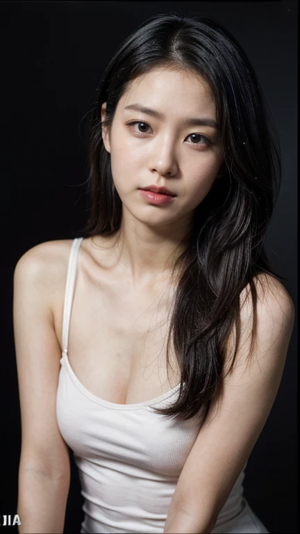 (masterpiece, realistic, ultra high resolution, high quality:1.2), 1 girl, (young),(no makeup), black hair, portrait, old photograph, 80's style , dynamic pose, studio, ((akinanakamori)) , big breasts