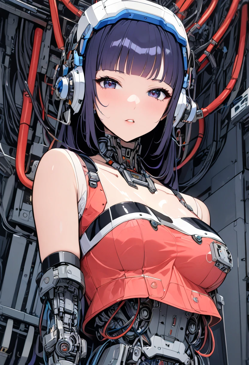 masterpiece, best quality, extremely detailed,front view,japaese android girl,control panels,android,Droid,Mechanical Hand,Robot arms and legs,peplum tops,blouse,Blunt bangs,long tube,thick cable connected her neck