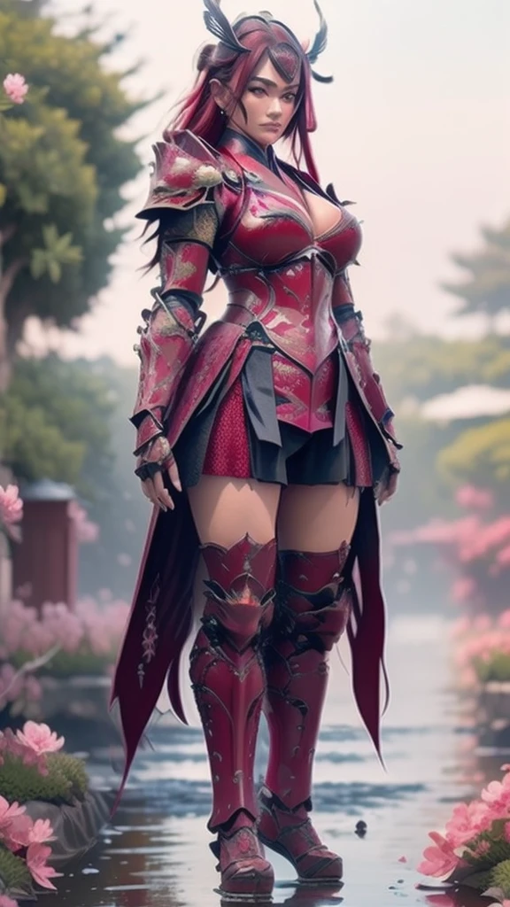 A sexy female character wearing red armor as a warrior from the Warring States period、((Medium long hair))、((Cherry red hair))、((toned body))、(glistening skin)、 tight body、((mega breasts 1.8))、 plump breasts 、 plump thighs 、The red armor engraved with azalea flower pattern is a bikini-type design that emphasizes the exposed breasts、( Wearing a cape with azalea flower pattern)、garter skirt
、White shin guards engraved with azalea flowers、Red high-cut underwear、Red tights、 absolute domain、(())、((acrobatic pose))、Dramatic lighting、A glorious hill with the rising sun、Big Asahi 、((Azalea flowers in full bloom are blooming in the background))、((Large azalea flowers in full bloom are blooming on the front))、 cinema-like scene 、((Background Japanese Satuki azalea)) 、((foreground Japanese Satuki azalea))、 Max Image、 Ultra High Definition、8k、masterpiece、