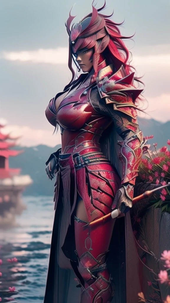 A sexy female character wearing red armor as a warrior from the Warring States period、((Medium long hair))、((Cherry red hair))、((toned body))、(glistening skin)、 tight body、((mega breasts 1.8))、 plump breasts 、 plump thighs 、The red armor engraved with azalea flower pattern is a bikini-type design that emphasizes the exposed breasts、( Wearing a cape with azalea flower pattern)、garter skirt
、White shin guards engraved with azalea flowers、Red high-cut underwear、Red tights、 absolute domain、(())、((acrobatic pose))、Dramatic lighting、A glorious hill with the rising sun、Big Asahi 、((Azalea flowers in full bloom are blooming in the background))、((Large azalea flowers in full bloom are blooming on the front))、 cinema-like scene 、((Background Japanese Satuki azalea)) 、((foreground Japanese Satuki azalea))、 Max Image、 Ultra High Definition、8k、masterpiece、