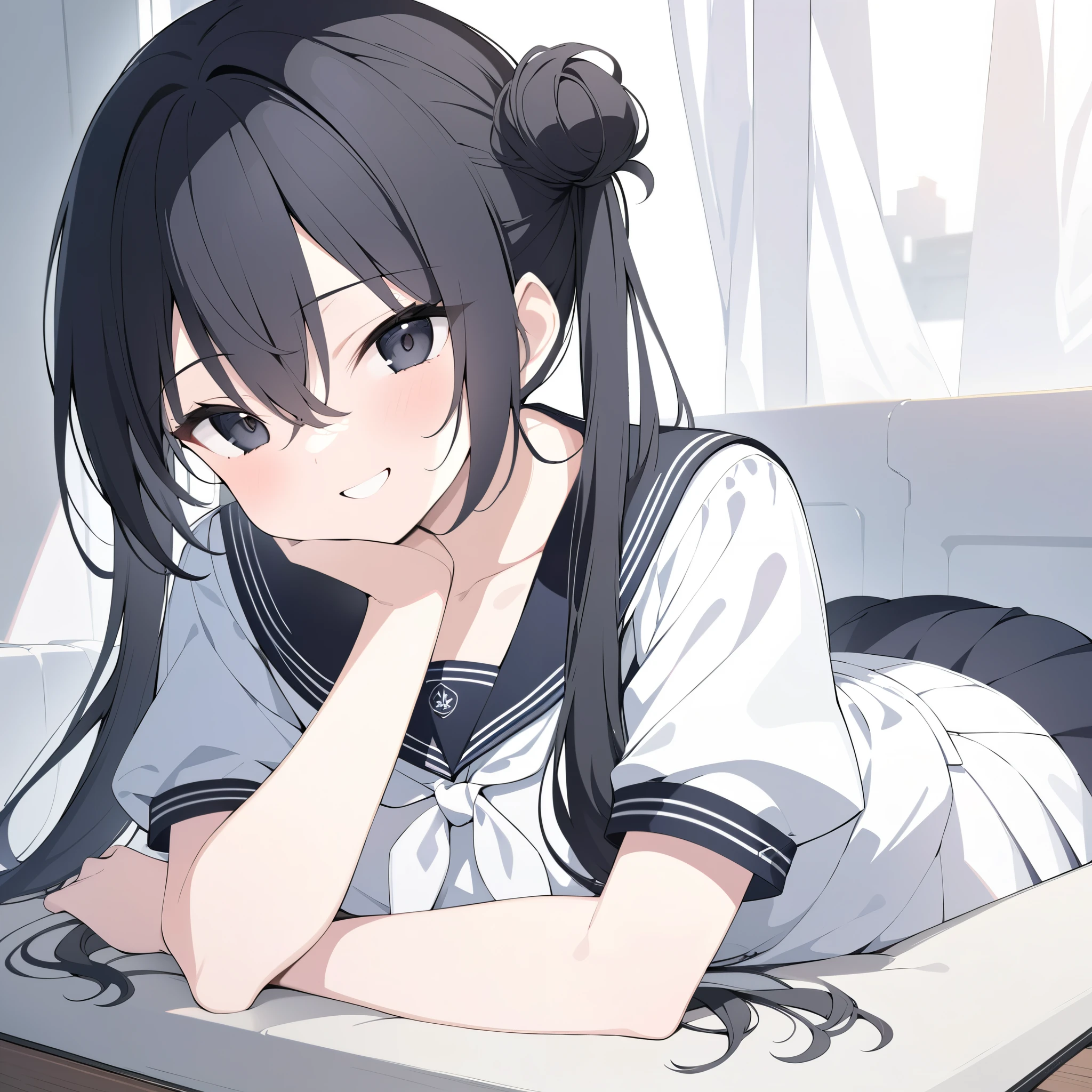 best quality, masterpiece, highres, solo, {nagatoro_hayase_donttoywithmemissnagatoro:1.15}, adepta sororitas, black_hair, long_hair, dark-skinned_female, dark_skin, brown_eyes, hairclip, hair_ornament, blush, bangs, smile, 1girl, closed_eyes, fang, open_mouth, skin_fang, side_ponytail, :d, upper_body, facing_viewer, ponytail, school_uniform, v