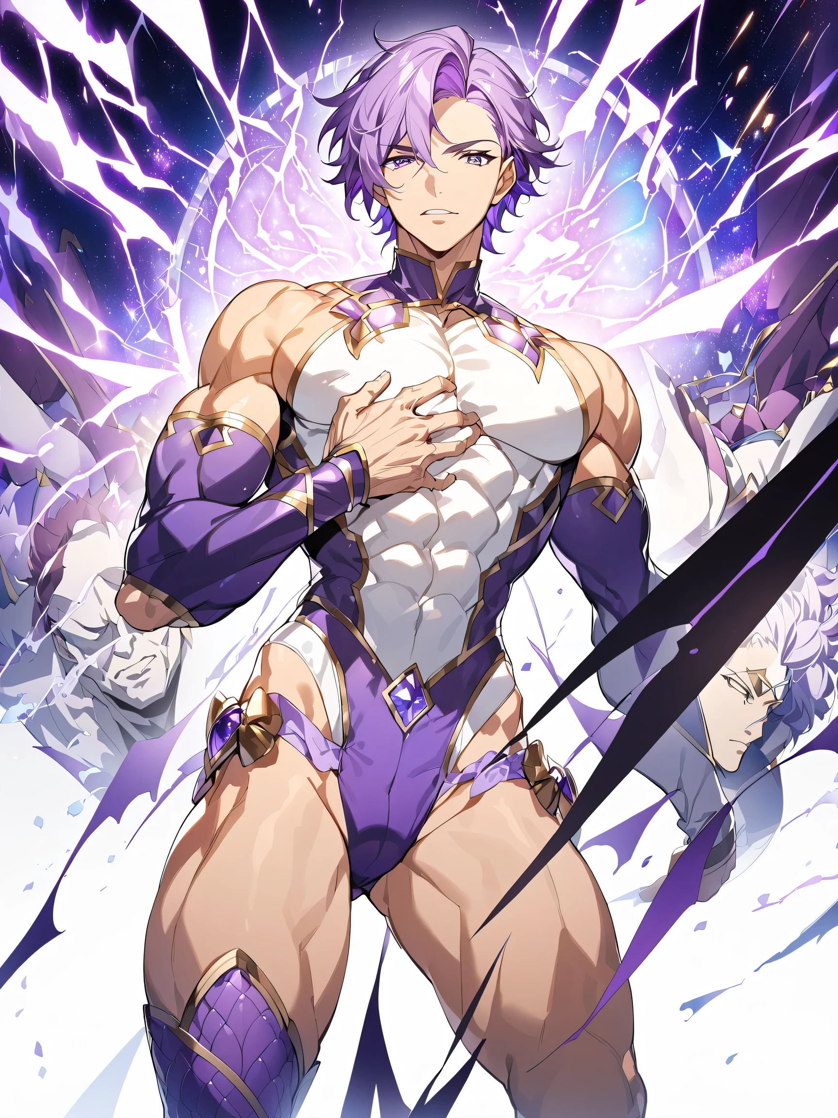 score 9 、score 8 up、score 7 up、1boy、Close up of a cartoon male character in a white and purple leotard dress、 Boy with Short Light Purple Hair 、 boy with short dark purple hair 、Purple eyed boy、Alone、 Zodiac Boy 、Magic Boy、portrait  Zodiac Boy 、Long Legged 、 purple scales and purple ribbon covering his chest 、Bare shoulders、 Purple Arm Warmers 、Bare legs、Bare thighs、 purple thigh-high boots 、purple leotard underwear 、!! full-body portrait crossing the camera!!、 Magic Boyのスタイル、 Dreamy Charm 、Heavenly Aura、Lightning Aura、 Anime Prince 、 naughty anime style 、leotard arrange costume、 hymn to the king as prince 、(manly:1.35)、perfect body、perfect hands、perfect arms、perfect legs、looking at viewer、 Cowboy Shots、(male body:1.35)、
