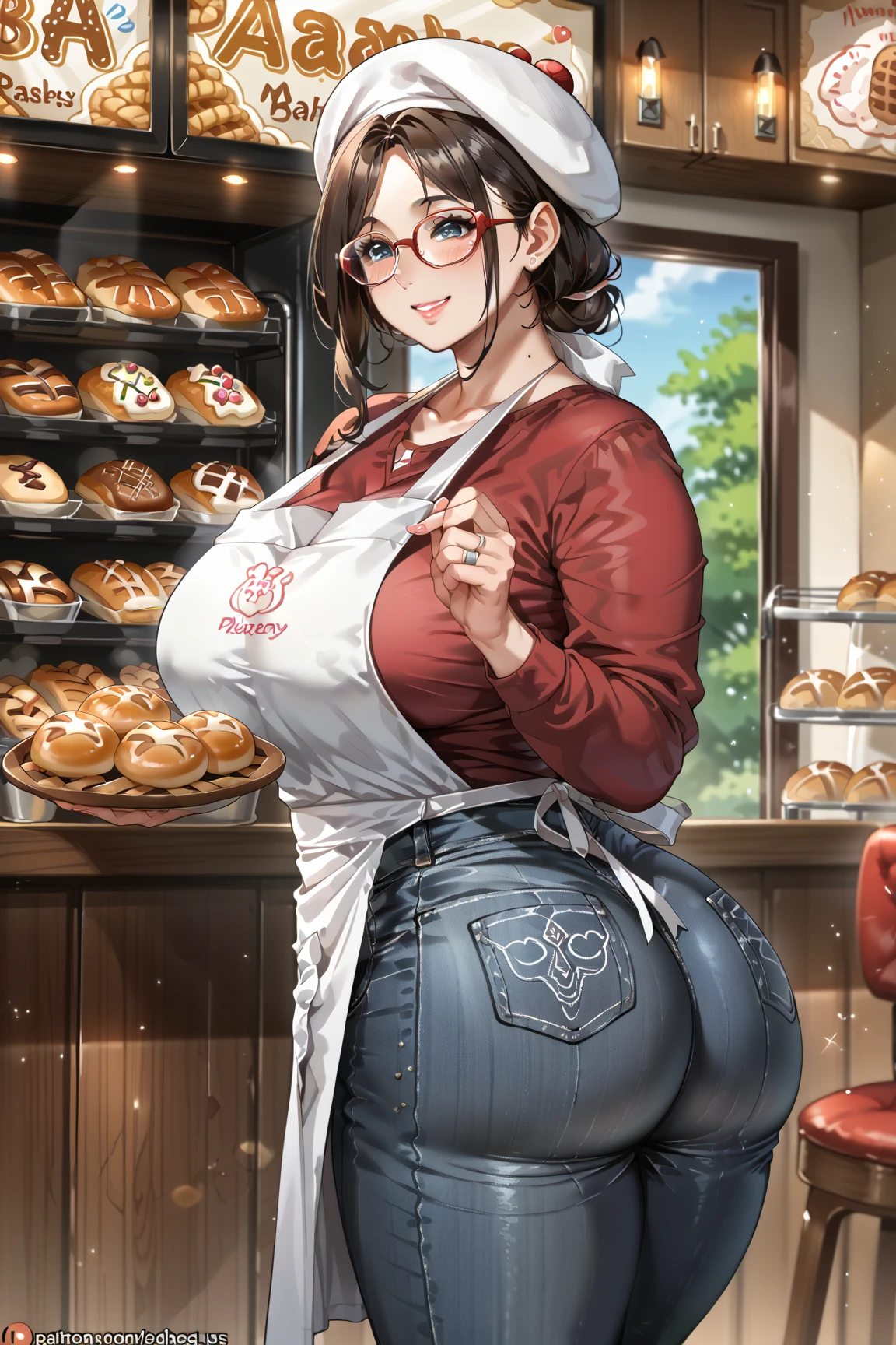  score_9,  score_8_up,  score_7_up, Anatomically Correct 、Accurate human body solo , mature woman 、40s、Bakery clerk、 ridiculously big breasts、 very big butt、 plump 、 chubby、Smile、Glasses、 shirt 、jeans、 White Apron 、White Beret、Wedding Rings、Hold a tray with bread on it with both hands、straight-on、Inside the bakery、thickass、mature female, milf, motherly
