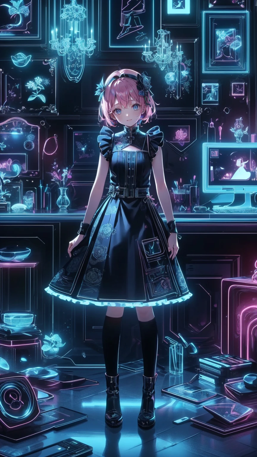 (    Masterpiece    : 1.2), (  very detailed: 1.2), (  very detailed CG: 1.2), (  high image quality: 1.2), (最  high image quality), 8k,   animated illustration,   、  beautiful girl、とてもcute天使、  pink gothic dress 、cute、baby face、smile、  Long Skirt、 Black long boots 、