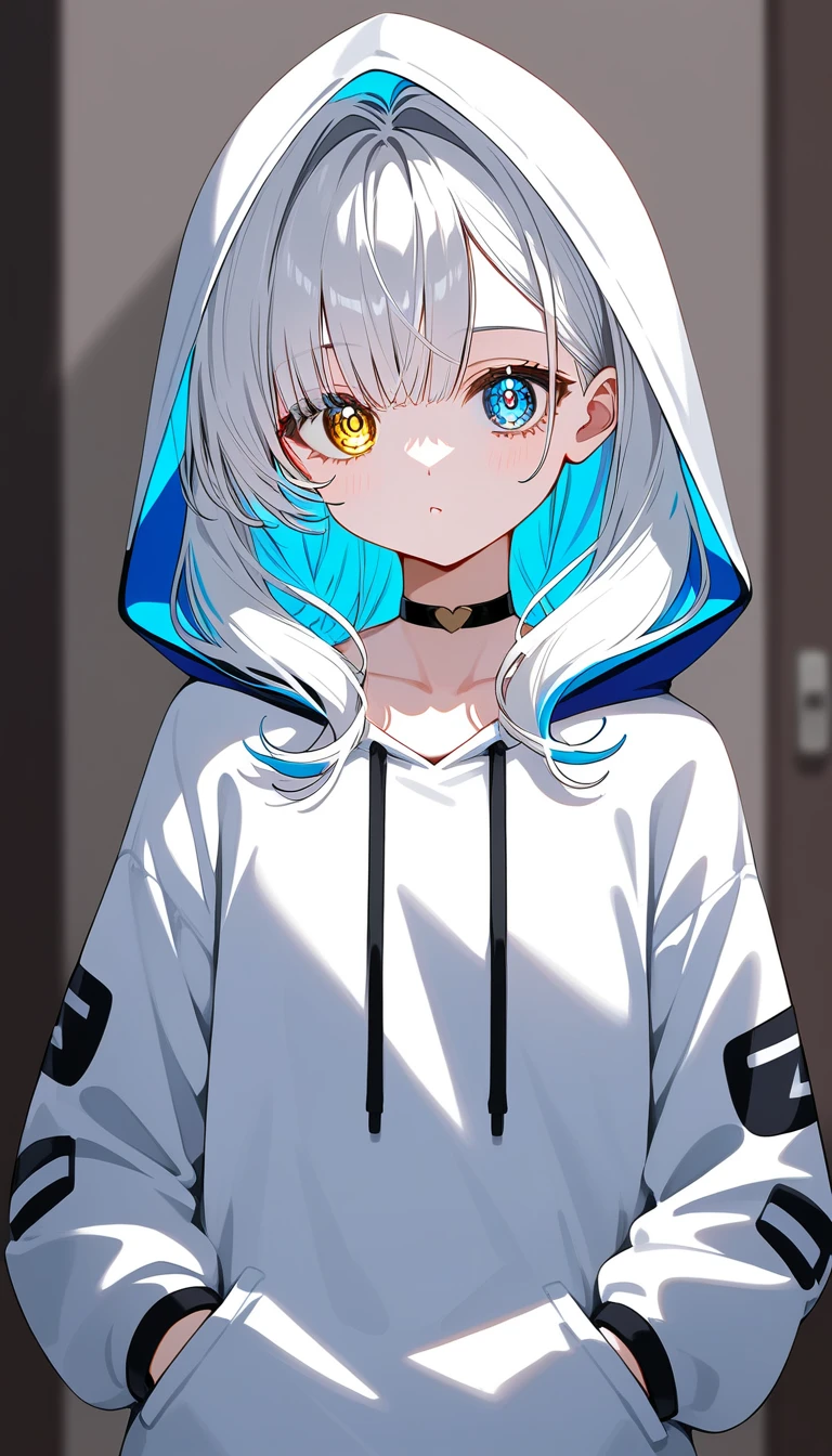 choker,nail,highcolor, High resolution 8K,high definition,masterpiece,beautiful,woman,small chest,odd eyes,yellow eye,upper body,blue eye, cute,Watching viewers,white hair,multicolored hair,different eye colors,Both eyes have different colors,Oversized Hoodies,Putting your hands in your pockets 