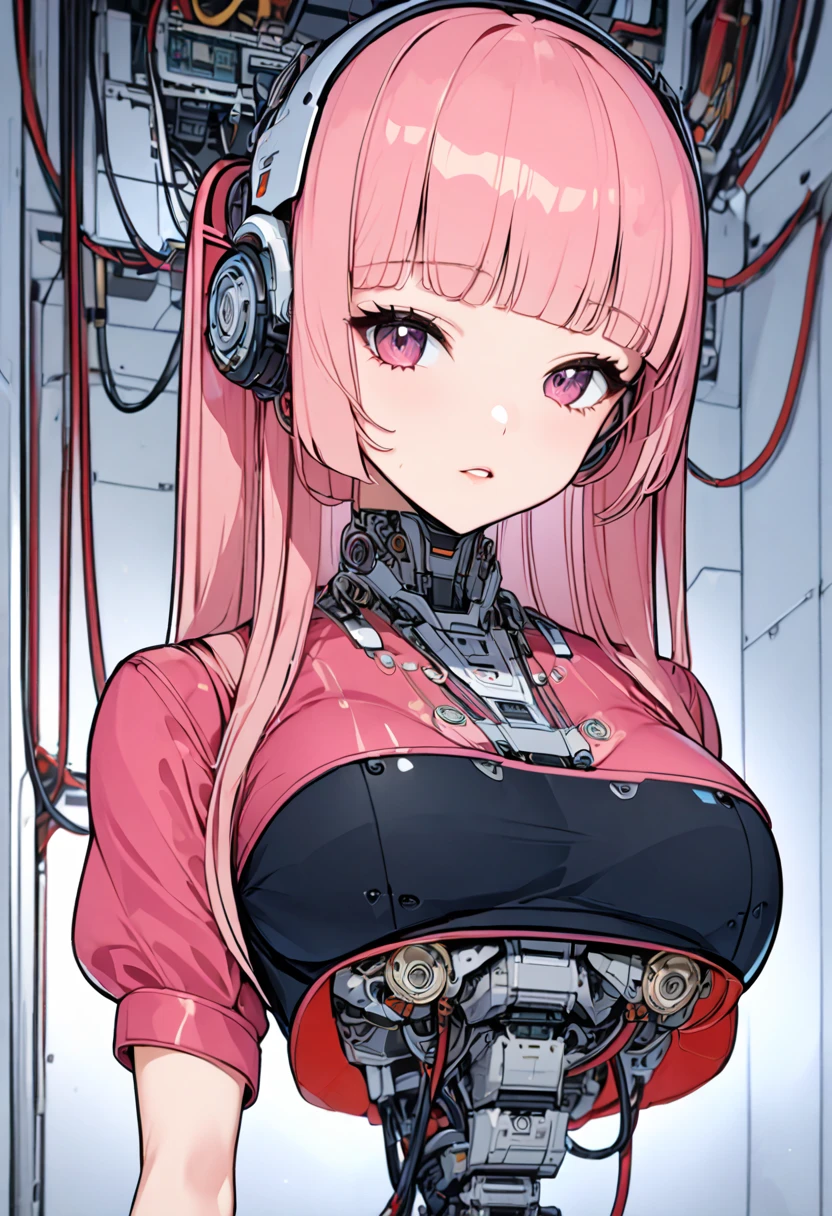 masterpiece, best quality, extremely detailed,front view,japaese android girl,control panels,android,Droid,Mechanical Hand,Robot arms and legs,peplum tops,blouse,Blunt bangs,long tube,thick cable connected her neck