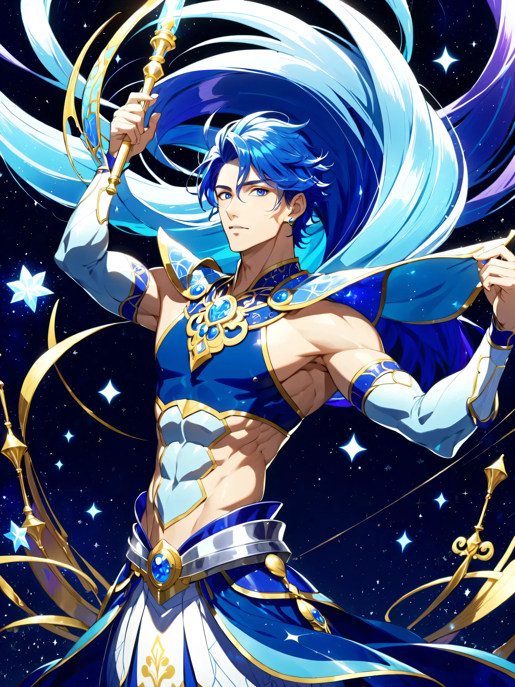 score 9 ,score 8 up, score 7 up, 1boy,  blue haired cartoon male character closeup, Beautiful Celestial Mage, shell, pearl, Heavenly Aura, Alone, purple cyan long haired boy , high ponytail hair, multicolored hair, two tone hair, streaked hair, Braided bangs,  Knight of Zodiac Boy , Sparkling Magical Boy,  royal elegant pose, anime man in a blue bikini dress , Anime man in a belly-baring costume, Anime Prince,  Pale Arm Warmers , Blue Crop Top Dress , bikini top with an blue,  muscular man, crop top with an blue,  blue miniskirt , bikini top with an triangle,  Blue Flare Skirt , A magical aura around him, Masculine and muscular, Portrait of Zodiac Boy Knight, feminine male, Magical Glossy Skin, slender body, at night!!,  male focus , Bare legs,  Bare shoulders, (manly:1.35), (male body:1.35), manly face,