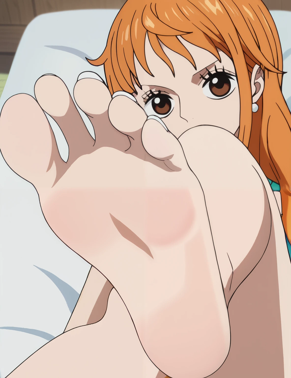 Nami from One Piece, Sleeping, girl, feet focus, sweaty, bed, Beautiful feet,  cum on feet