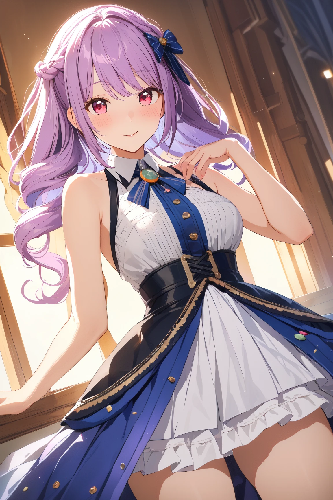 Masterpiece、Highest quality、highest quality、(Open Mouth Smile)、Shiny hair quality、Small face、Dynamic pose、Super detailed, beautiful, wide eyes、Ultra-detailed, clear and beautiful faces、(cute illustration:1.2), High-resolution, ultra-detailed, best quality, embarrassed、Thighs