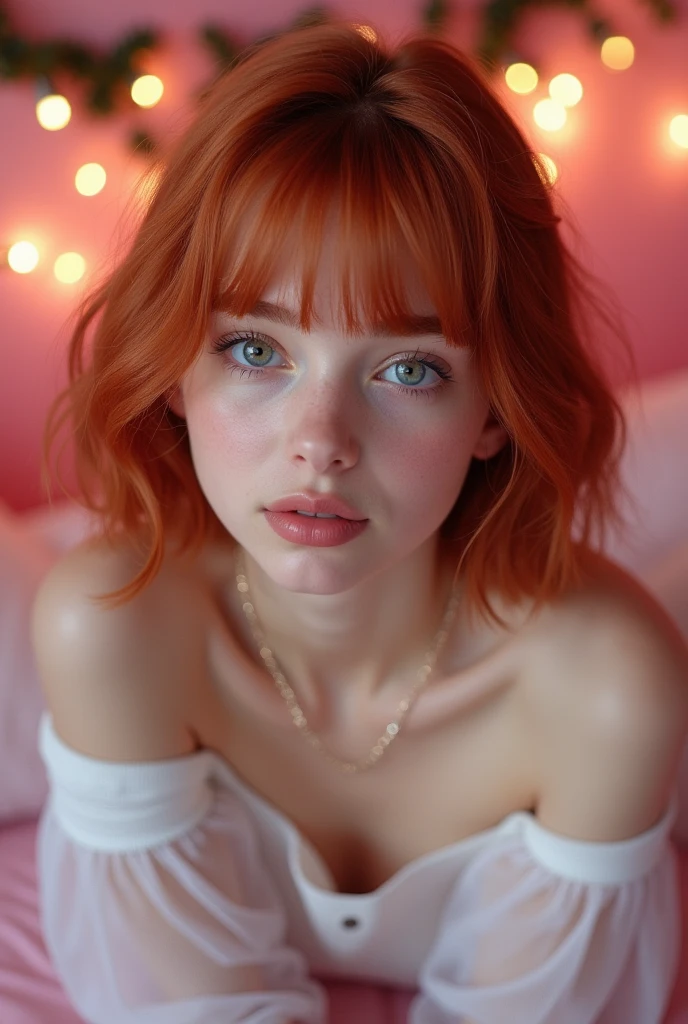 Extremely beautiful 14yo girl ,highly clear face,in a bedroom,very cute,phenomenal aesthetic,Amazing photos,Cinematic Lighting,Clear perfect eyes, ginger chin length bob hairstyle,bokeh,Sexy self-confidence,proud and independent,NSFW,flowing light and colorful colors, wearing transparent lingerie, facing camera, full-body shot, silk transparent lingerie
