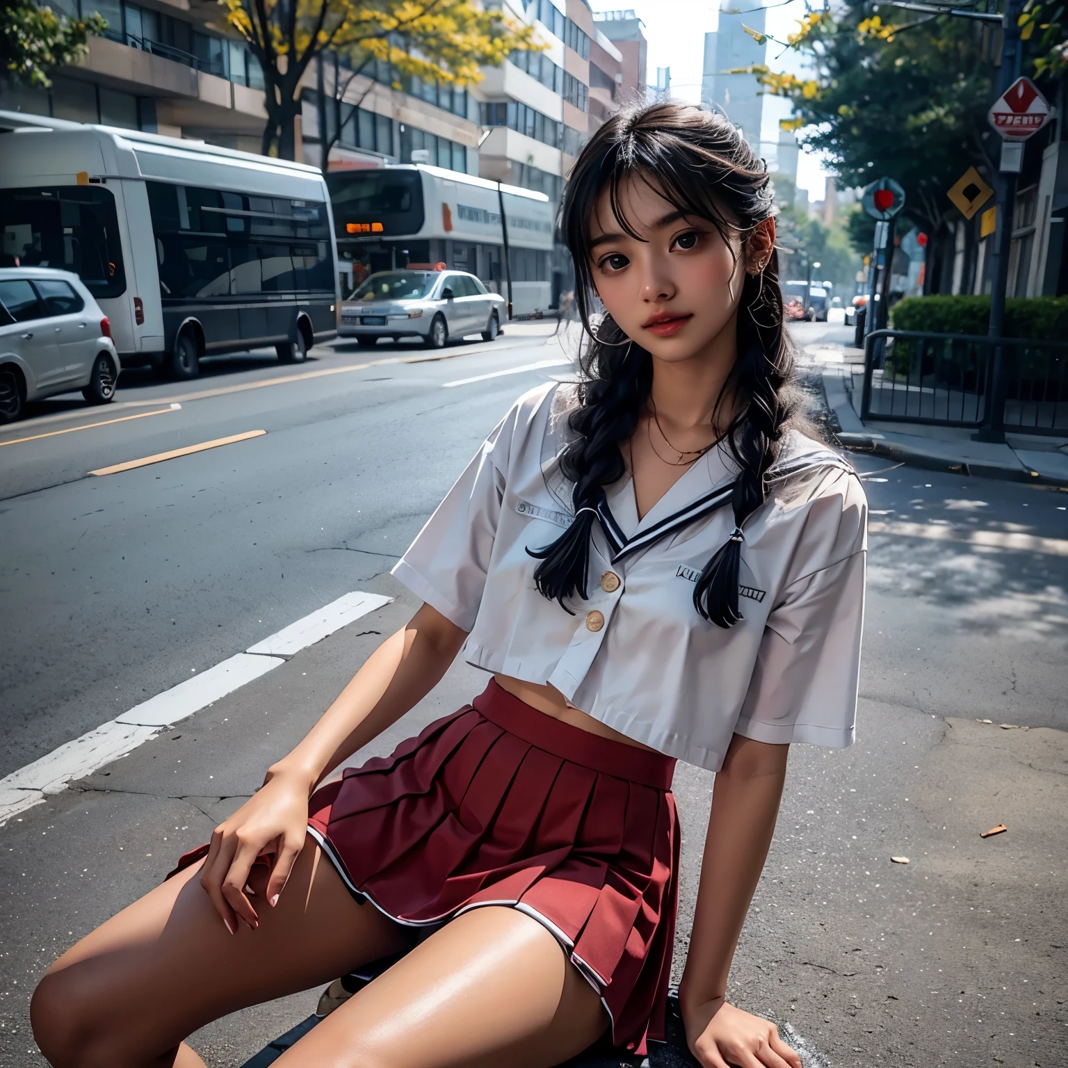  1 girl, high definition ,  High Quality ,  Masterpiece  , white sailor suit, red ribbon,  braided ,Super beautiful girl,dark skin, enchanting face 、 Highly Detailed Faces、 perfect face、golden balance,Professional photography,In the city, mini pleated skirt to hide crotch, is sitting on the ground
