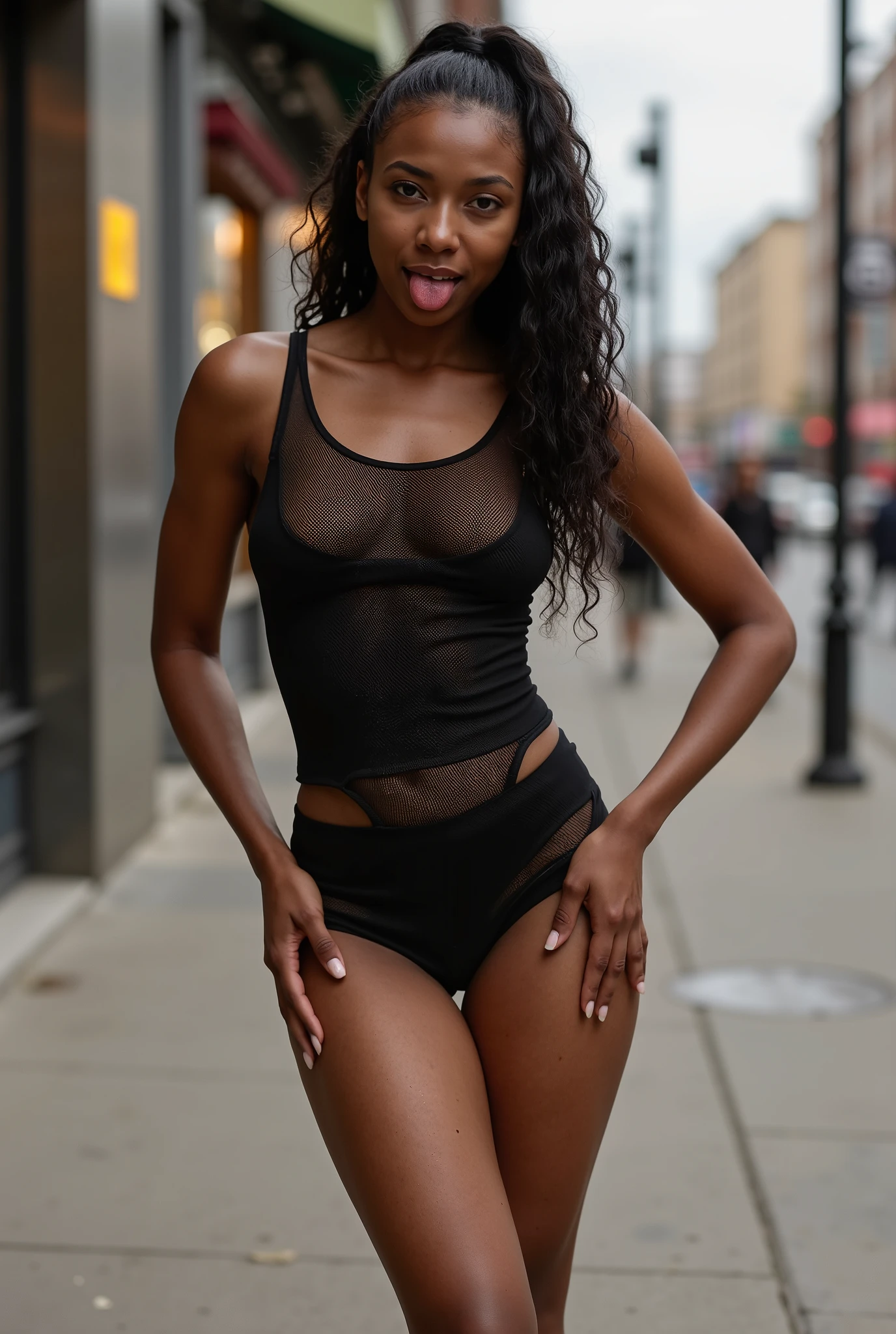 full body Black woman, black model, Walking in the park in a Pink mink coat with high heels on, At night with a btight moon in the background, beautiful smile, medium breast, clevage, soft pose 8k, ultra realistic, long black hair, looking at viewer, In the Winter, With light snowfall. Sexy, perfect face, sexy smile.