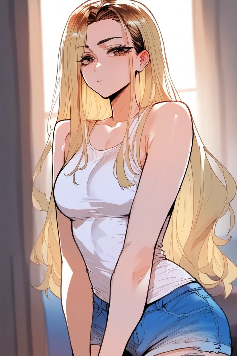 score_9, score_8_up, score_7_up, score_6_up, score_5_up, score_4_up, scenery, 1girl, dress, asian, jia han, brown eyes, blonde hair, multicolored hair, long hair, medium breasts, white tank top, bare shoulders, collarbone, sleeveless, blue denim shorts, standing,