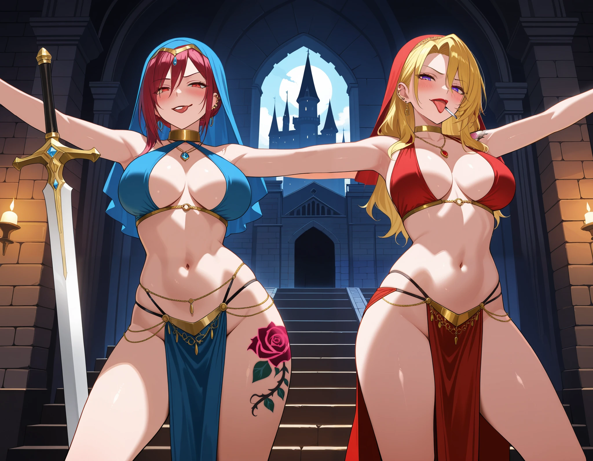 2girls, two girls, blush, lipstick, Hot girl, baddie,  bad attitude, mean girl,ear piercing,, crazy, smoking, sensual, attractive,castle,inside castle, masterpiece, best quality, highly detailed ,gold_choker, complex detailed background, inside, , holding a sword, sword, belly_chain,harem_outfit,navel, necklace, pelvic_curtain,revealing_clothes, veil，masterpiece,best quality,1girl,mature,evil smile, smile, female,mature,necklace,pendant, (nsfw) not safe for work, exposed belly, exposed navel, exposed midriff, exposed lower belly,,, dragon tattoo, tattoo midriff, rose tattoo, open arms sideway, arms T-pose, smirk, standing, anime girl T posing, tongue out