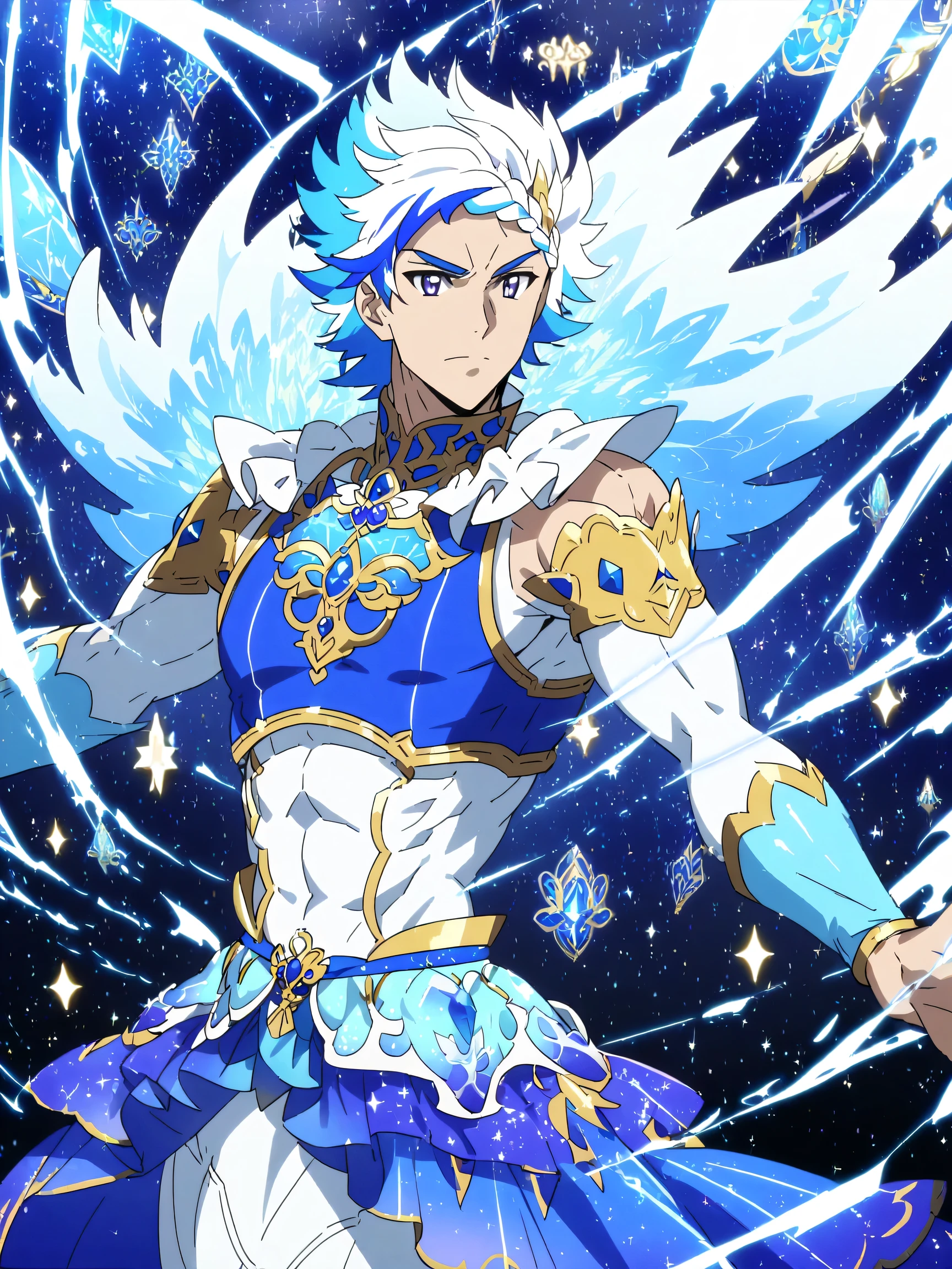 score 9 ,score 8 up, score 7 up, 1boy, blue haired cartoon male character closeup, Beautiful Celestial Mage, shell, pearl, Heavenly Aura, Alone, purple cyan long haired boy , high ponytail hair, multicolored hair, two tone hair, streaked hair, Braided bangs, Knight of Zodiac Boy , Sparkling Magical Boy, royal elegant pose, anime man in a blue bikini dress , Anime man in a belly-baring costume, Anime Prince, Pale Arm Warmers , Blue Crop Top Dress , bikini top with an blue, muscular man, crop top with an blue, blue miniskirt , bikini top with an triangle, Blue Flare Skirt , A magical aura around him, Masculine and muscular, Portrait of Zodiac Boy Knight, feminine male, Magical Glossy Skin, slender body, at night!!, male focus , Bare legs, Bare shoulders, (manly:1.45), (male body:1.45), manly face,
