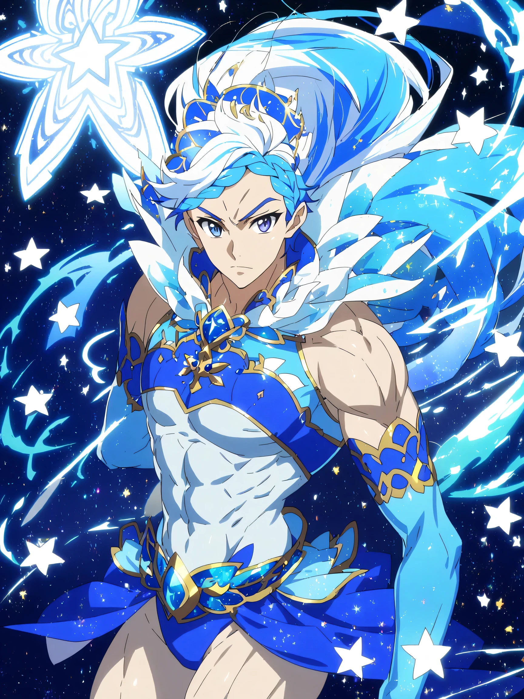 score 9 ,score 8 up, score 7 up, 1boy,  blue haired cartoon male character closeup, Beautiful Celestial Mage, shell, pearl, Heavenly Aura, Alone, purple cyan long haired boy , high ponytail hair, multicolored hair, two tone hair, streaked hair, Braided bangs,  Knight of Zodiac Boy , Sparkling Magical Boy,  royal elegant pose, anime man in a blue bikini dress , Anime man in a belly-baring costume, Anime Prince,  Pale Arm Warmers , Blue Crop Top Dress , bikini top with an blue,  muscular man, crop top with an blue,  blue miniskirt , bikini top with an triangle,  Blue Flare Skirt , A magical aura around him, Masculine and muscular, Portrait of Zodiac Boy Knight, feminine male, Magical Glossy Skin, slender body, at night!!,  male focus , Bare legs,  Bare shoulders, (manly:1.45), (male body:1.45), manly face,