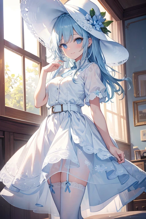 hands back, pose sexy, horny smile, camisa azul clara de manga curta, Loli, garotinha, vestido branco, faixa azul clara, pequenas estampas florais, salto alto pontiagudo azul claro, Meias brancas, wide-brimmed white sun hat, best quality, master part, illustration, extremamente delicado e bonito, extremamente detalhado, Amazing, finamente detalhado, master part, best quality, Arte Oficial, high resolution, extremamente detalhado, mulher detalhada bonita, pernas grossas, coxa grande, Olhos bonitos detalhados, luz no rosto