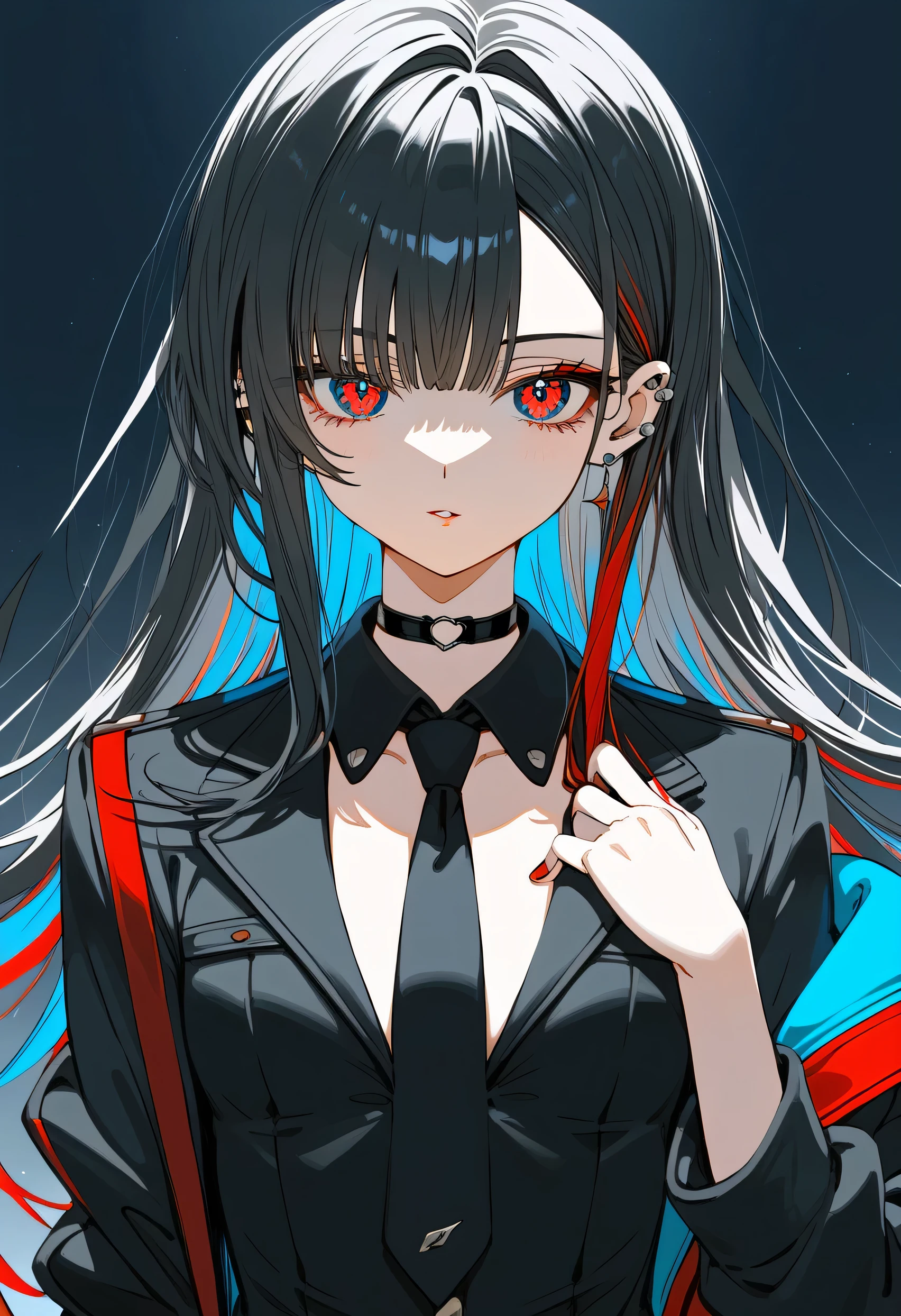 High resolution 8K,high definition,masterpiece,beautiful,woman,small chest,red eye,Odd Eye ,various colored hair ,looking at the viewer,black hair,blue eye,shirt,black tie,piercing,choker,nail,jacket,upper body,highcolor