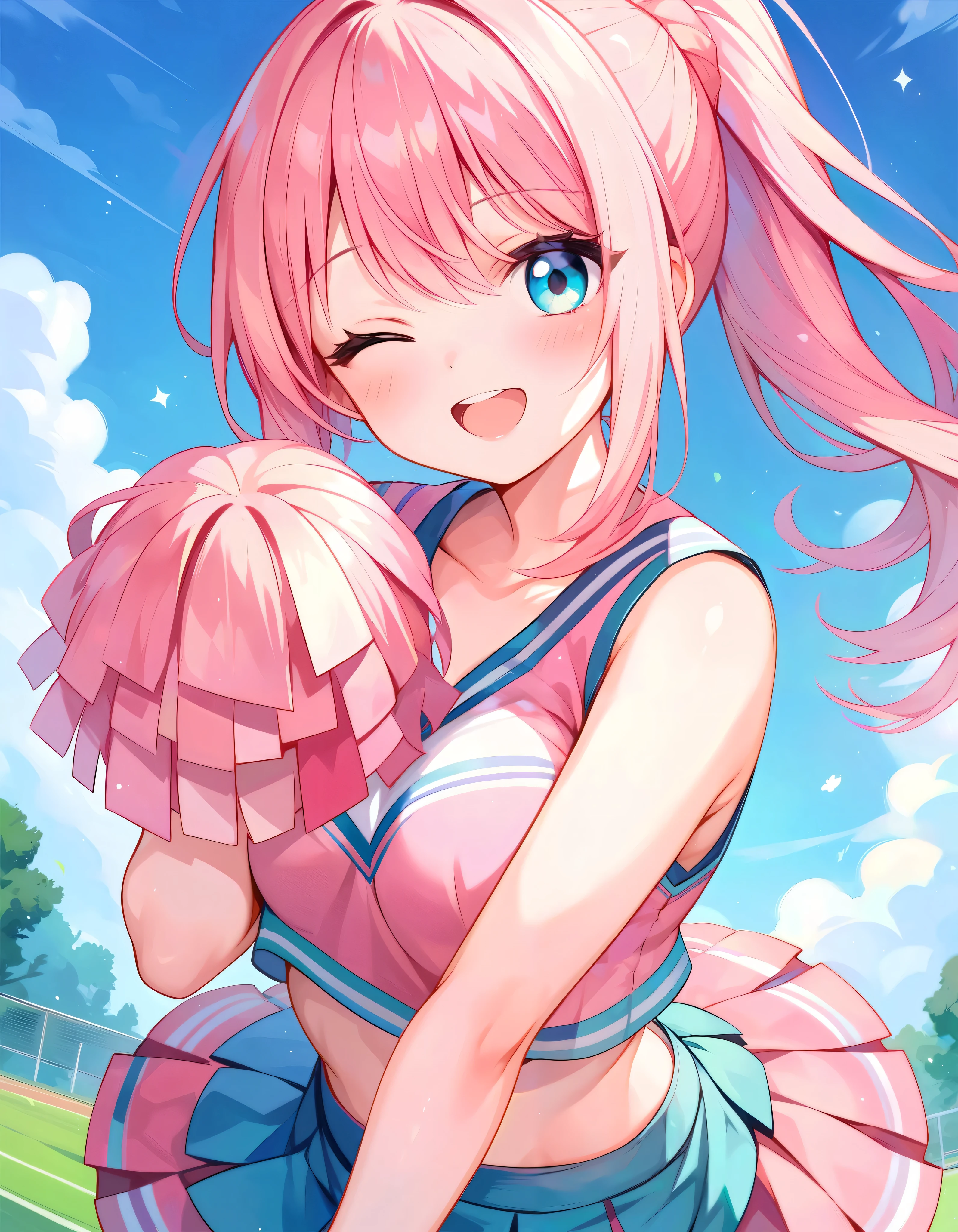 (細かく描かれたbeautiful目: 1.2), (small eyes and small face:1.3), (beautiful and clear background:1.2), (とてもbeautiful: 1.1), very detailed, sharp focus, intricate details, Glossy skin、dense hair description, detailed eye description, high quality, best image quality, master piece, 最high quality, High resolution, super detailed, one woman, ((Pink hair and pink eyes)), (Cheerleader:1.5), (pom pom:0.5), I'm rooting for you, (best smile), Angle of looking up、big breasts、perfect style、世界一beautiful、an illustration of a girl dressed in a cheer leading outfit poses for the camera in a yard, 1 girl, alone, pom pom (cheer leading), Cheerleader, pink shoes, pink skirt, raise your arms, absurd, 8K, High resolution, super detailed, beautiful, table top, 最high quality, very cute woman, young, sexy, (very big breasts:1.5), detailed woman&#39;s face, very attractive