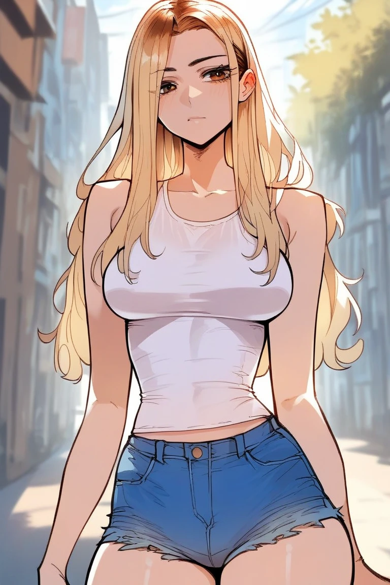 score_9, score_8_up, score_7_up, score_6_up, score_5_up, score_4_up, scenery, 1girl, dress, asian, jia han, brown eyes, blonde hair, multicolored hair, long hair, medium breasts, white tank top, bare shoulders, collarbone, sleeveless, blue denim shorts, standing,large breasts