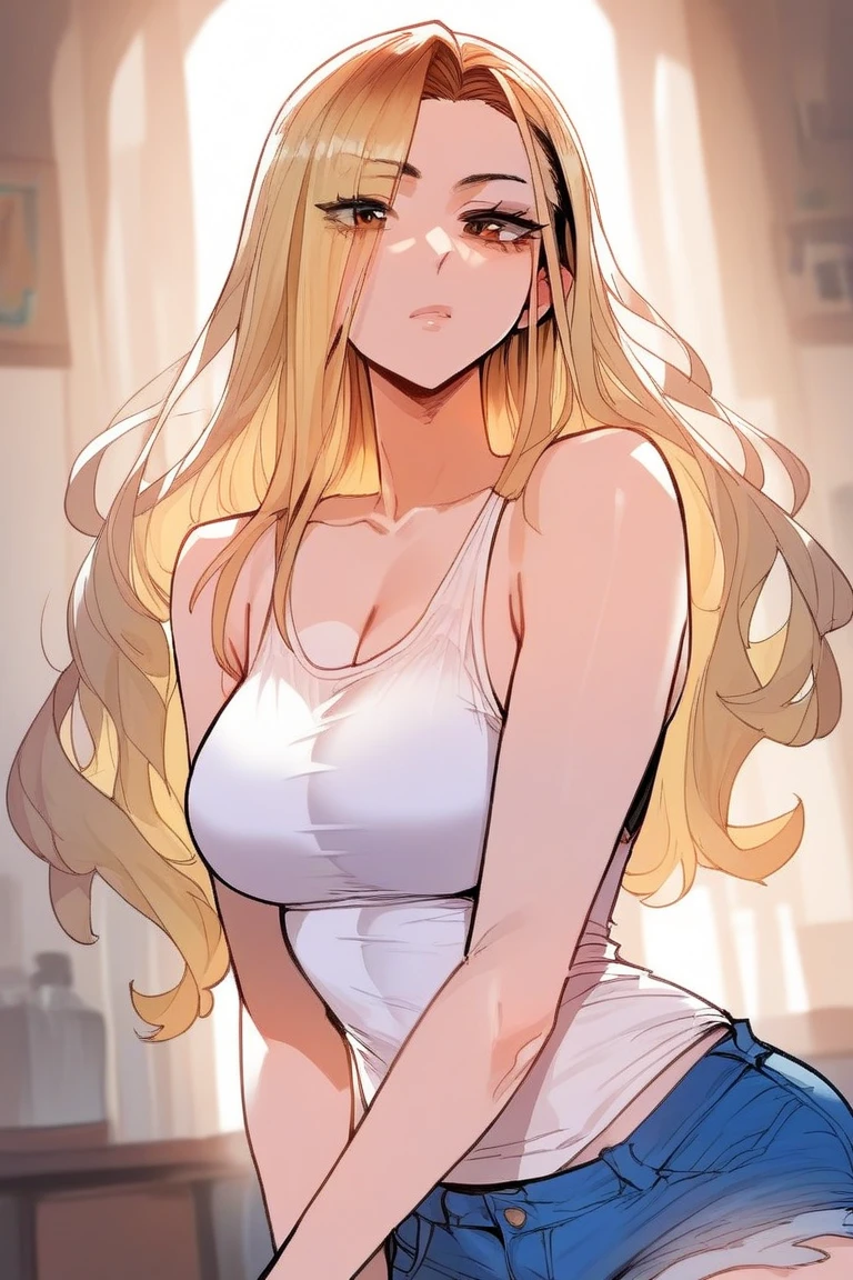 score_9, score_8_up, score_7_up, score_6_up, score_5_up, score_4_up, scenery, 1girl, dress, asian, jia han, brown eyes, blonde hair, multicolored hair, long hair, medium breasts, white tank top, bare shoulders, collarbone, sleeveless, blue denim shorts, standing,large breasts