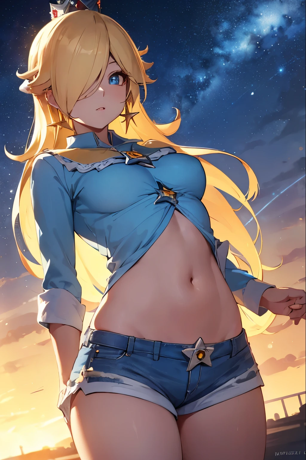 Rosalina, very short clothes, sensual clothes, blonde hair, blue eyes, hair over one eye, long hair, small breasts, microskirt, light blue miniskirt, lower part of the breasts exposed, blouse lifted showing part of the breasts, belly exposed, crown, earrings, jewelry, princess, star earrings, BREAK night, night sky, sky, star\ (sky\), star \(symbol\), space, sun, BREAK looking at the viewer, (cowboy photo: 1.5), BREAK (art: 1.2), best quality, high resolution, 8k unity wallpaper, (art: 0.8), (beautiful detailed eyes: 1.6), extremely detailed face, perfect lighting, extremely detailed CG, (perfect hands, anatomy perfect),